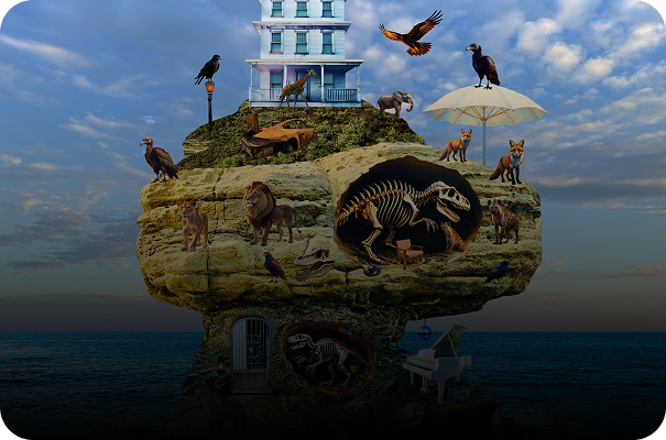 Surreal island with animals and fossils