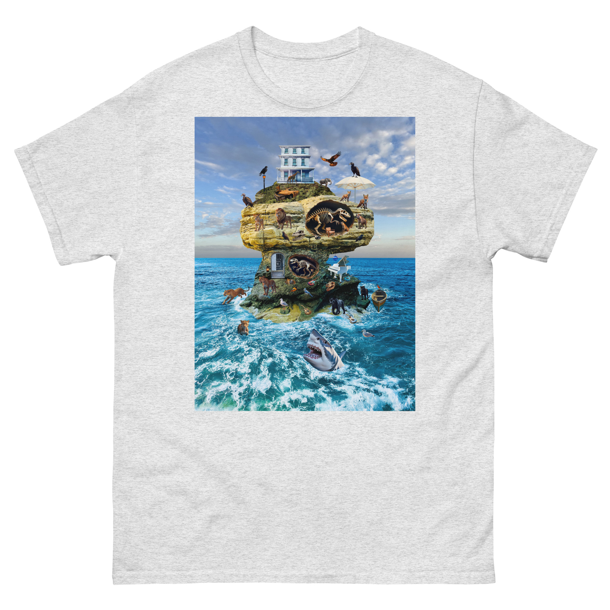 T-shirt with surreal floating island and wildlife