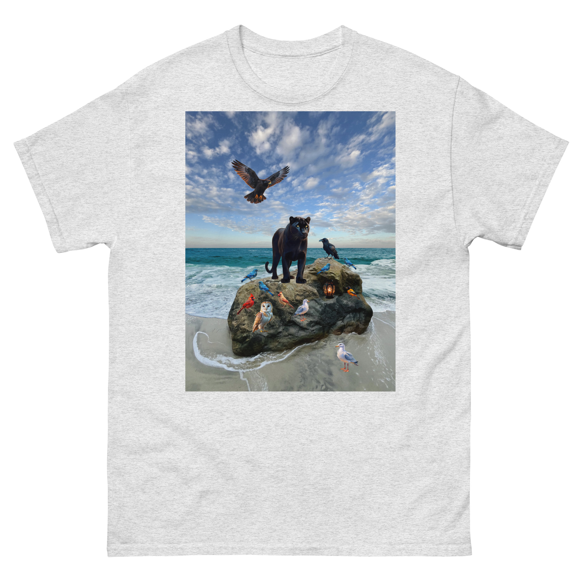 T-shirt print: panther on beach rock with birds