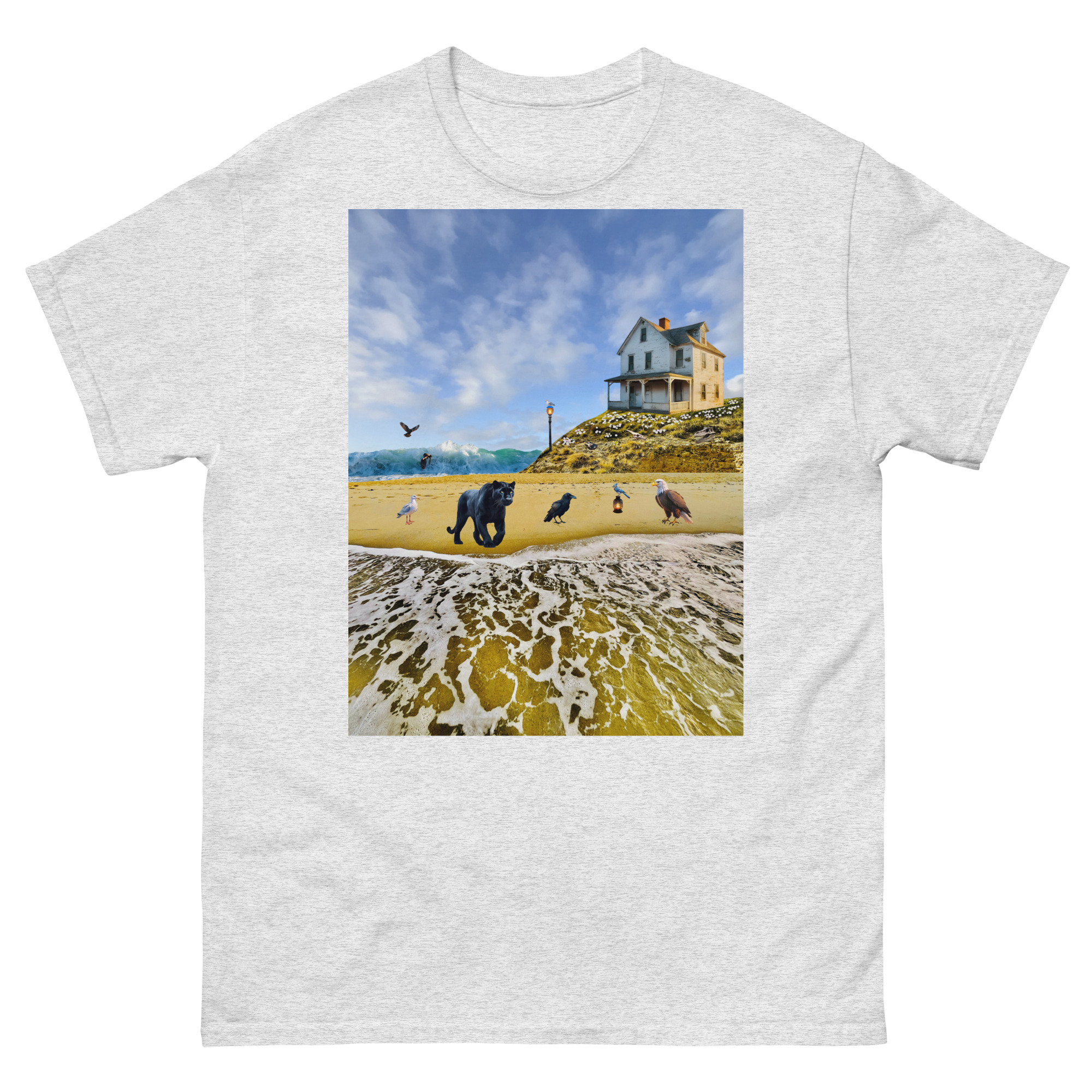 Elephant and birds on beach by house