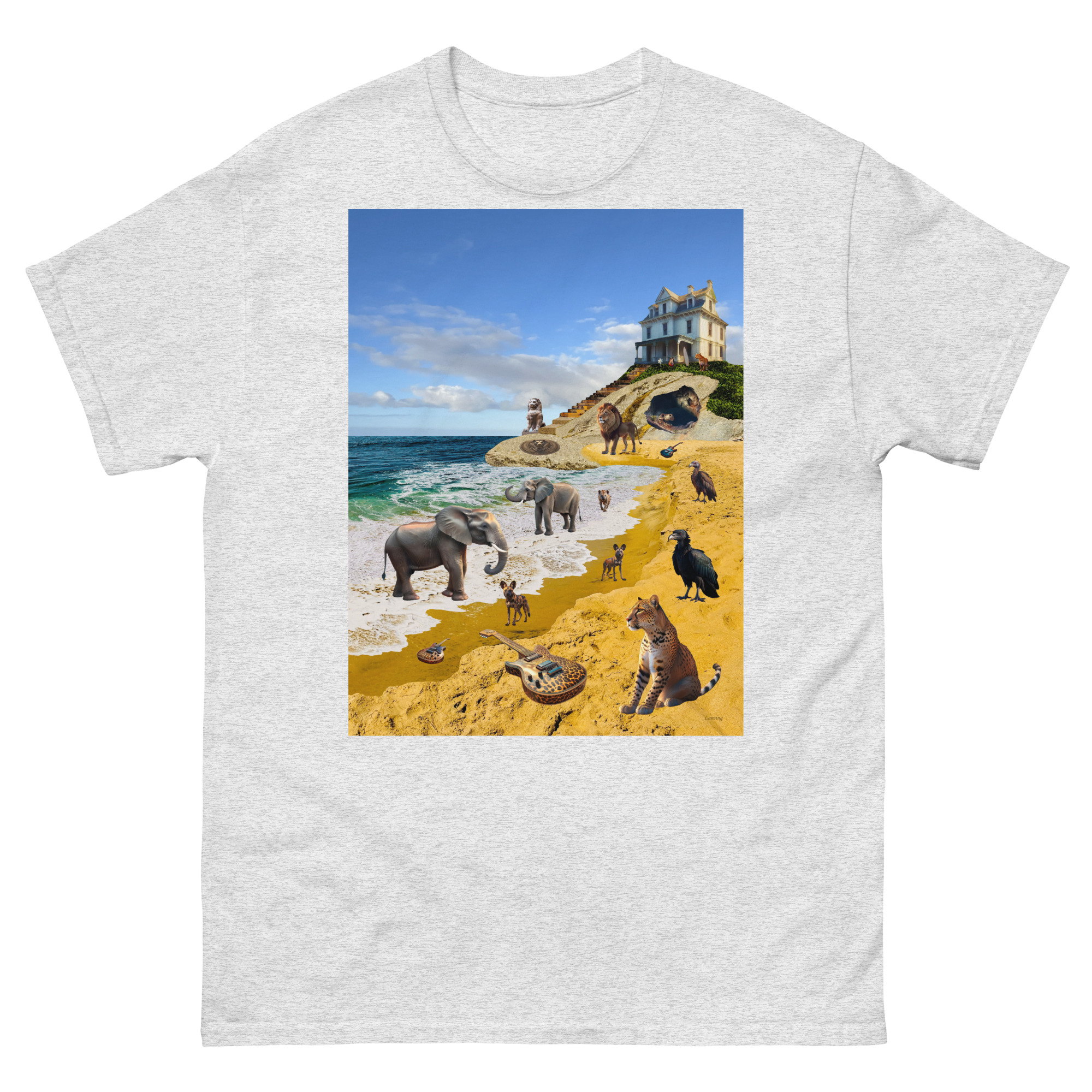 Animals on sandy beach near seaside mansion