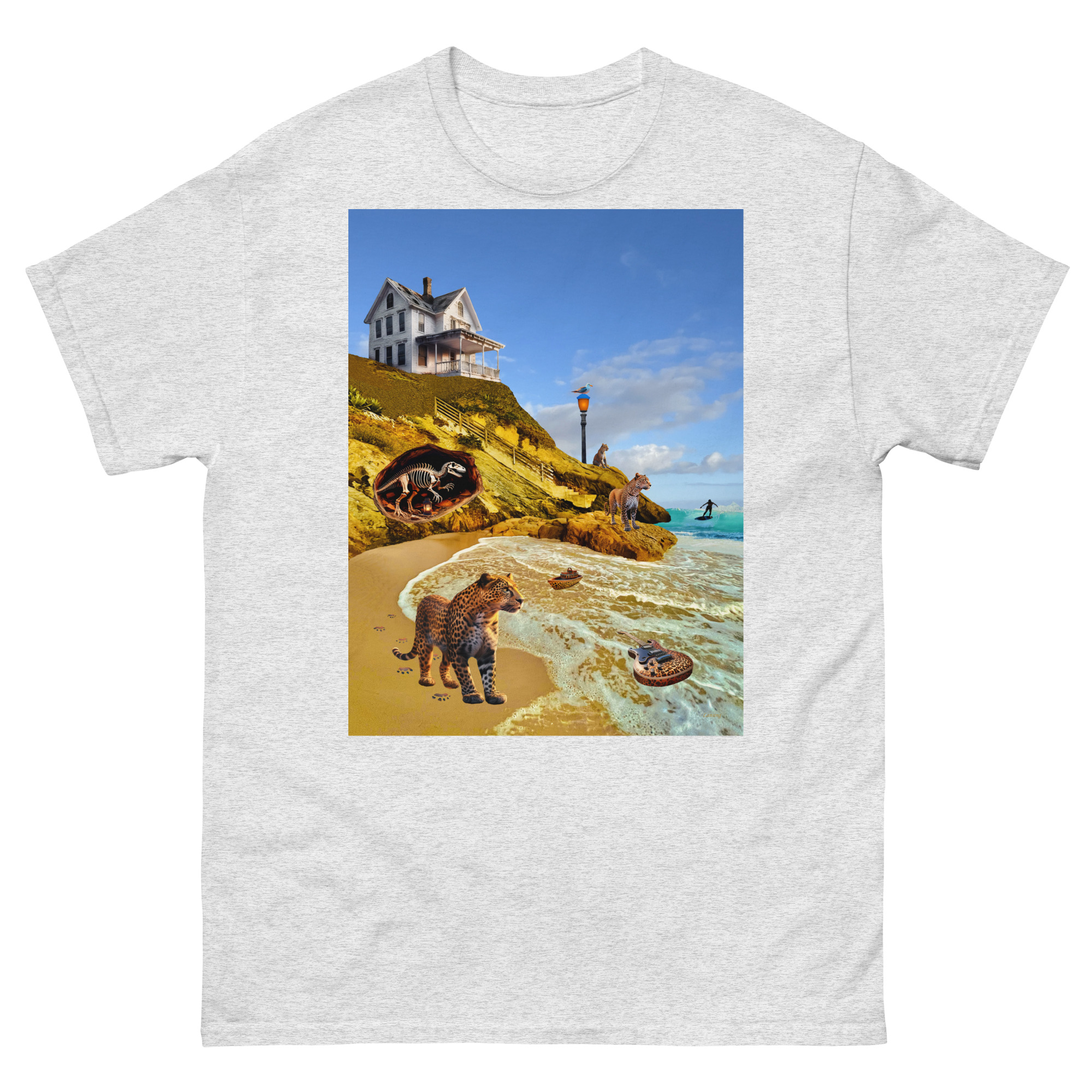 T-shirt featuring surreal beach house and big cats