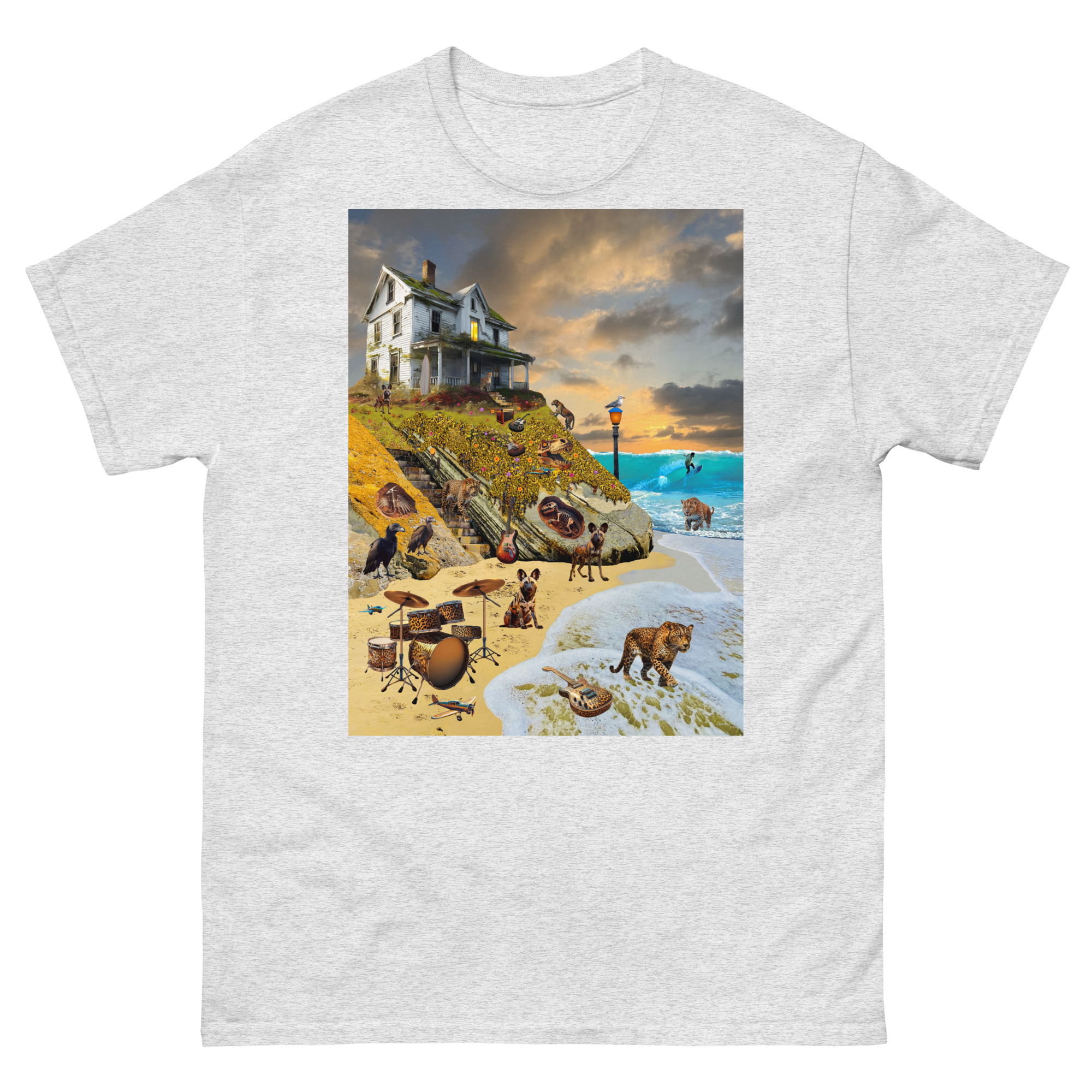 Surreal beach scene with house, animals, drums