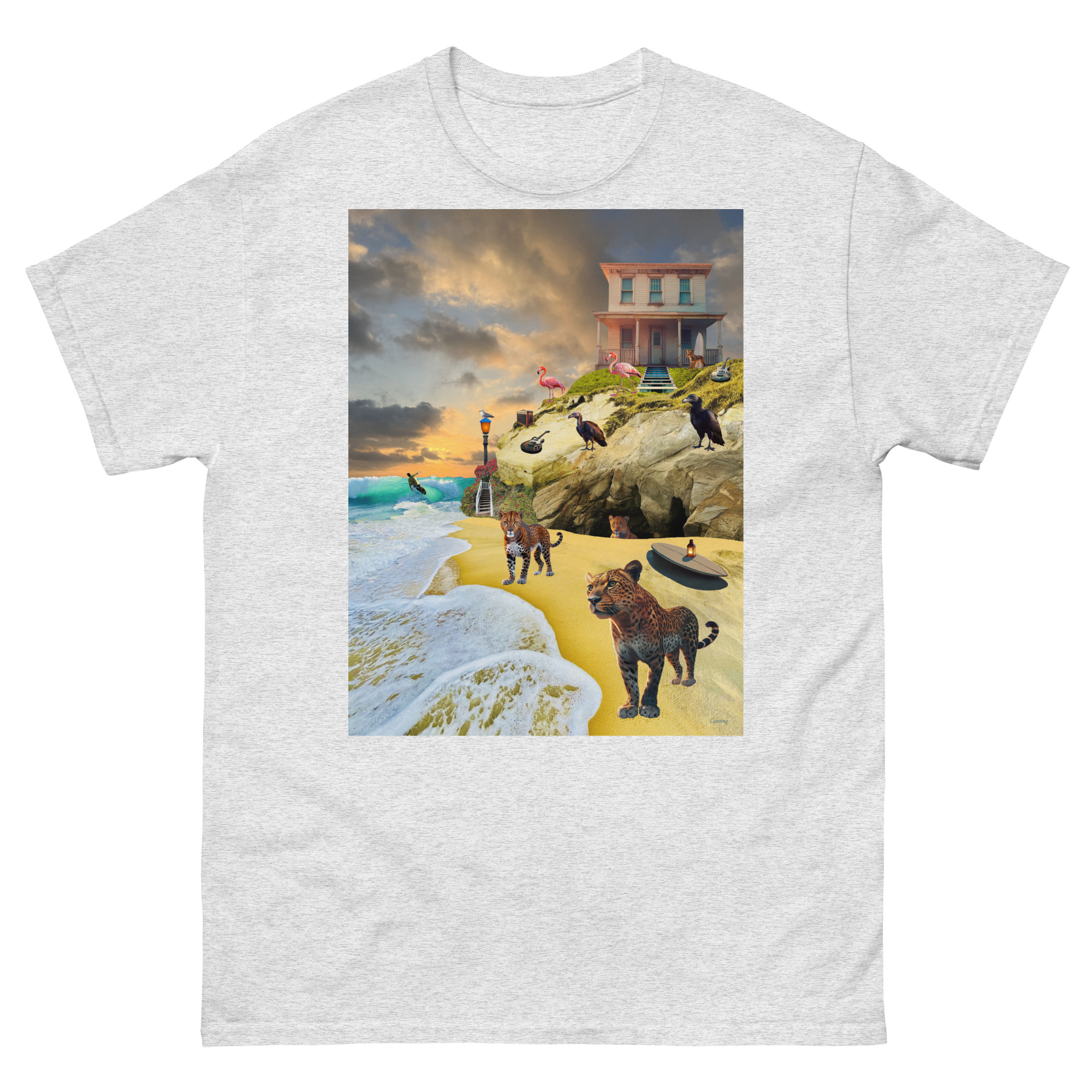 Surreal beach scene with panthers and birds