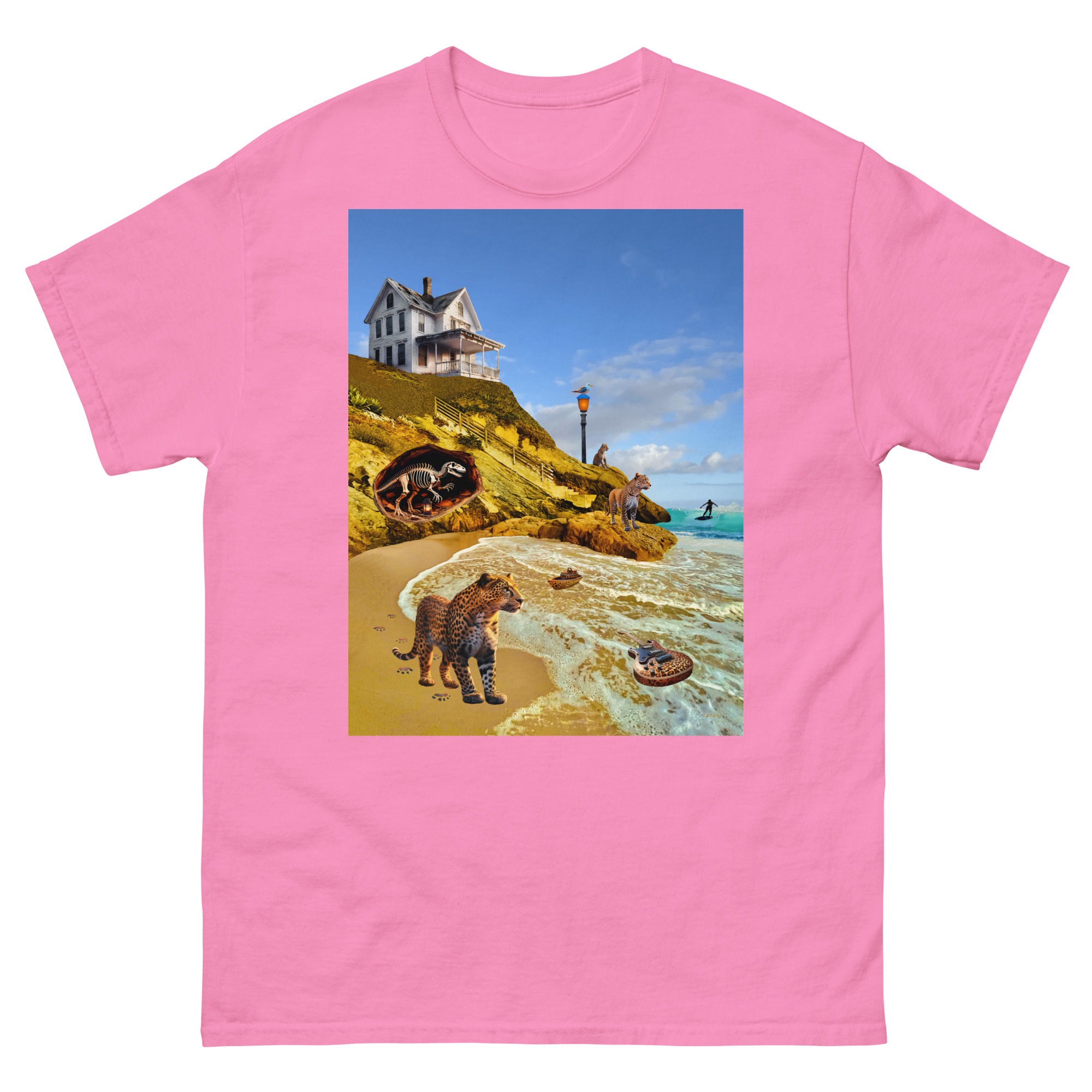 Pink t-shirt with illustrated coastal animal scene