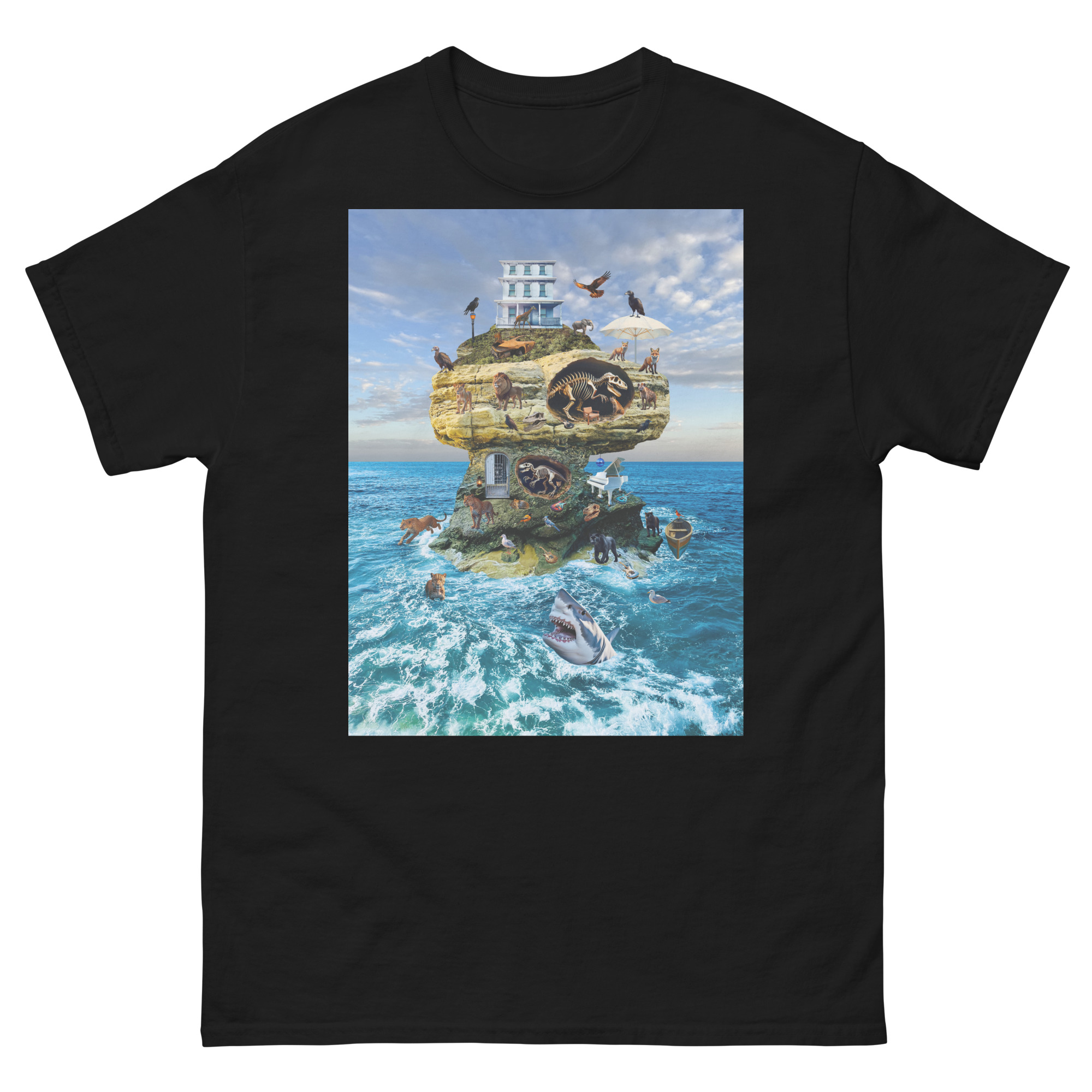 Surreal floating island with house, sharks and birds