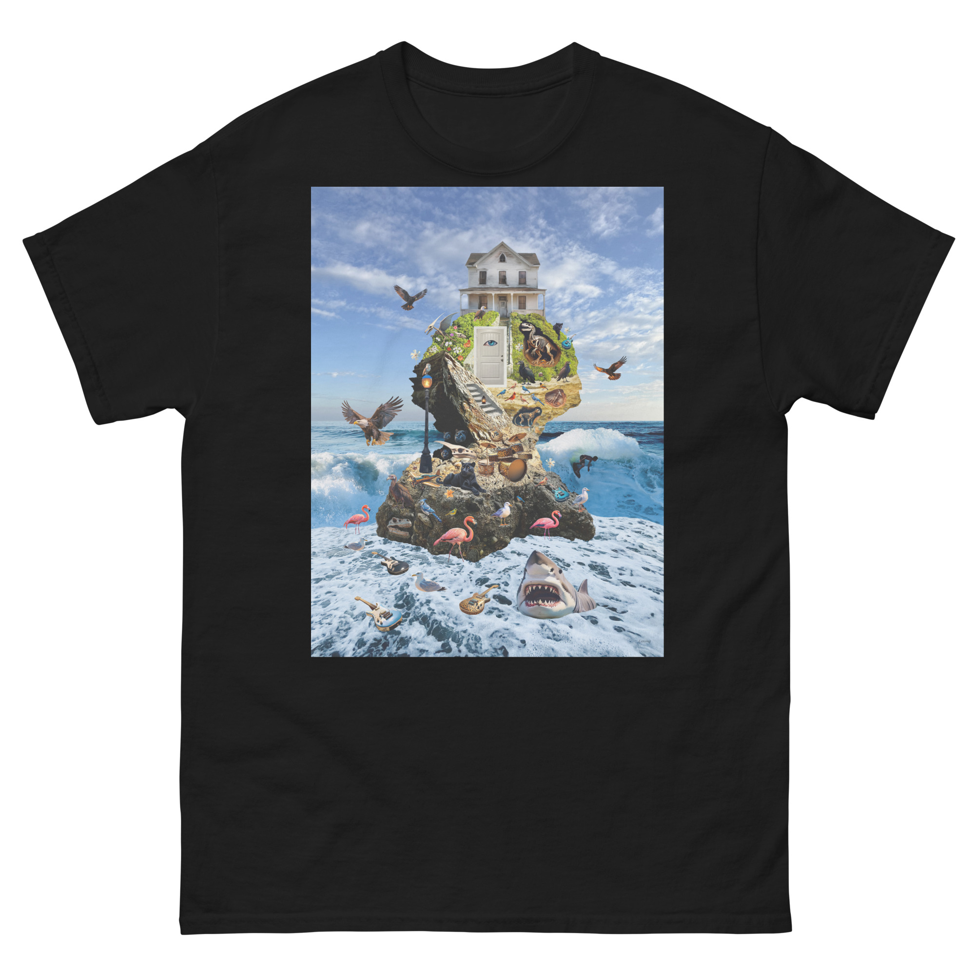 Black T-shirt featuring surreal island skull collage