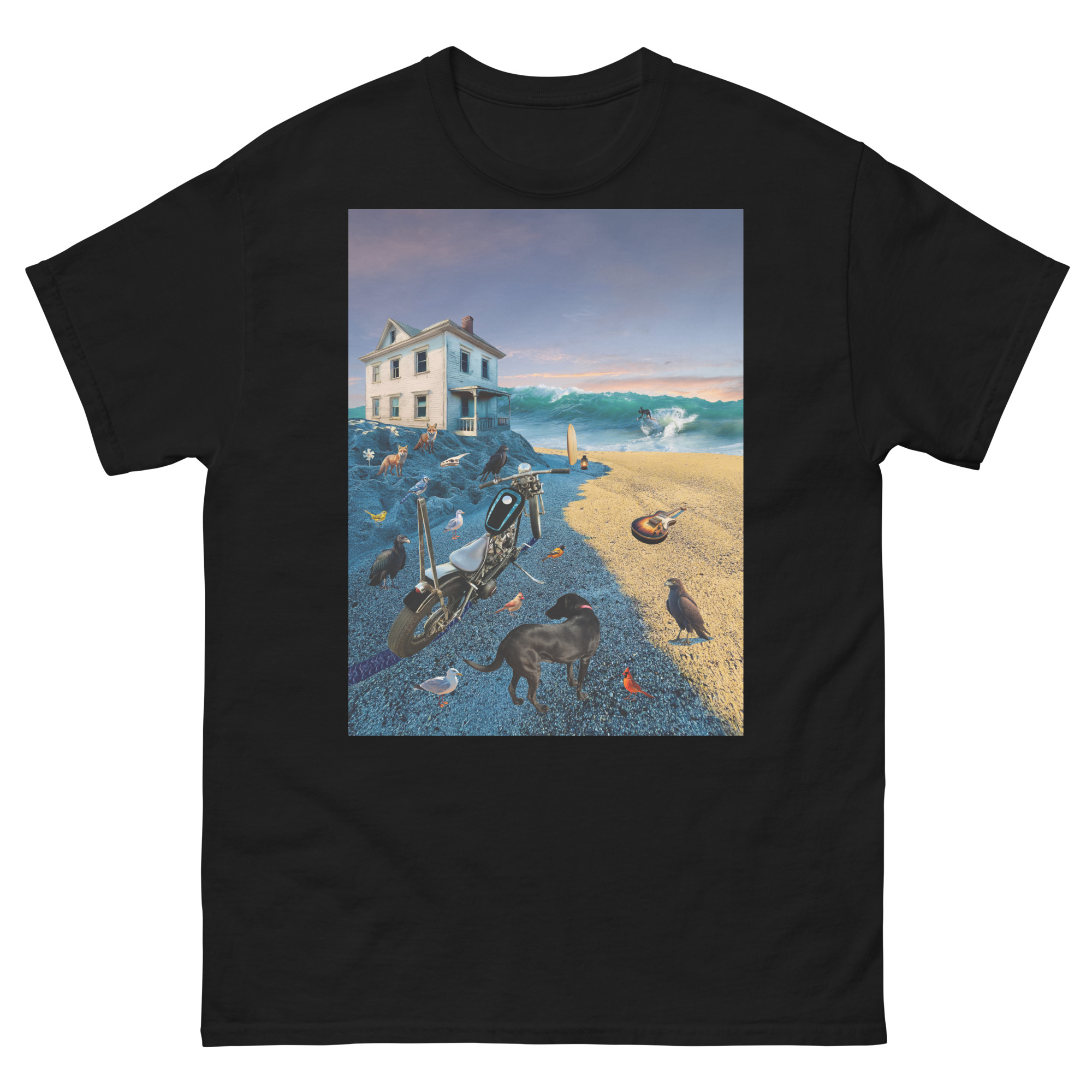 Surreal beach scene with house, motorcycle, animals