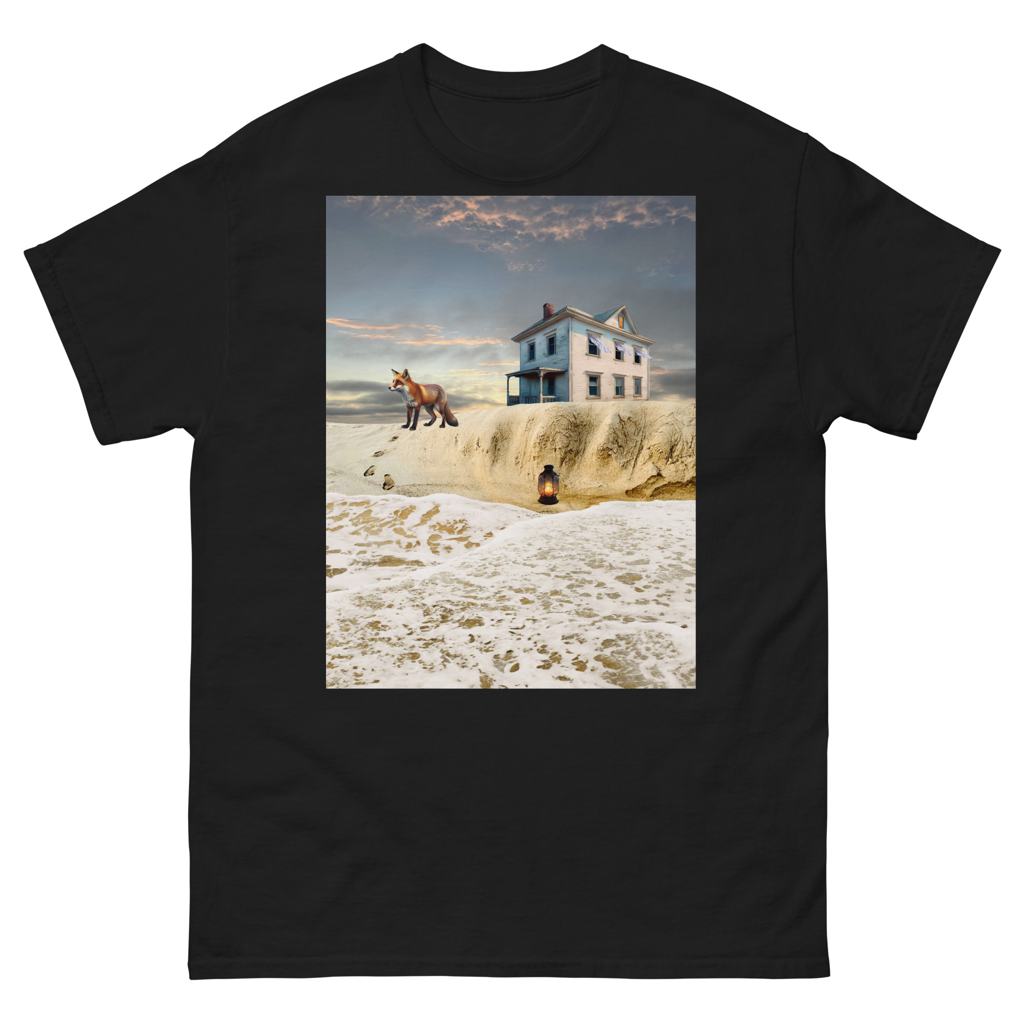 Surreal coastal house on sandy cliff with fox