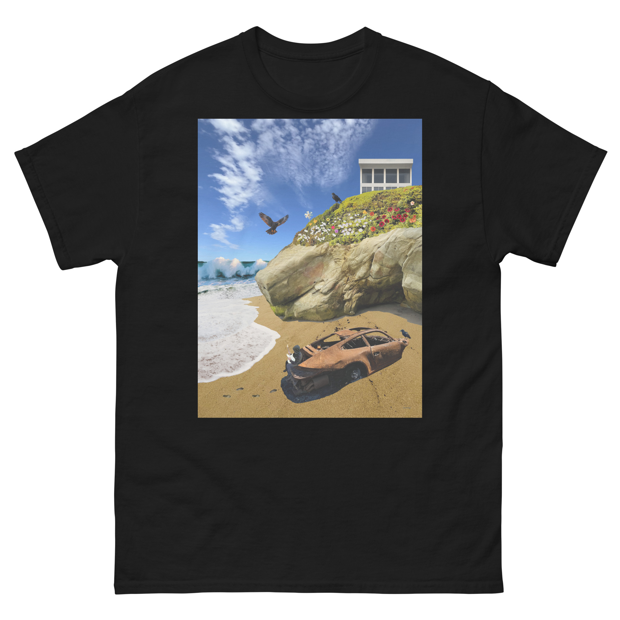 Rusty car on sandy beach beneath cliff house