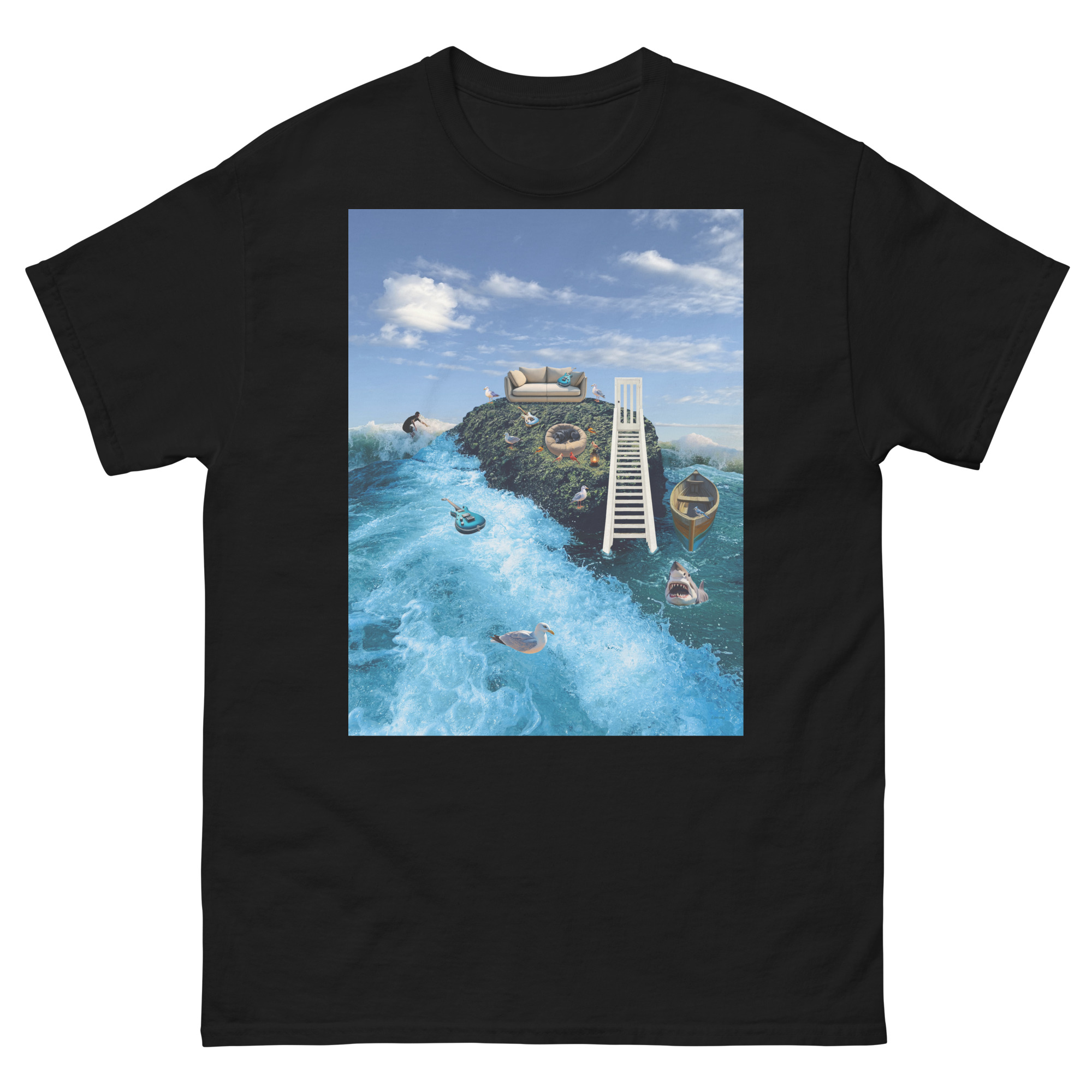 Black t-shirt with surreal island artwork