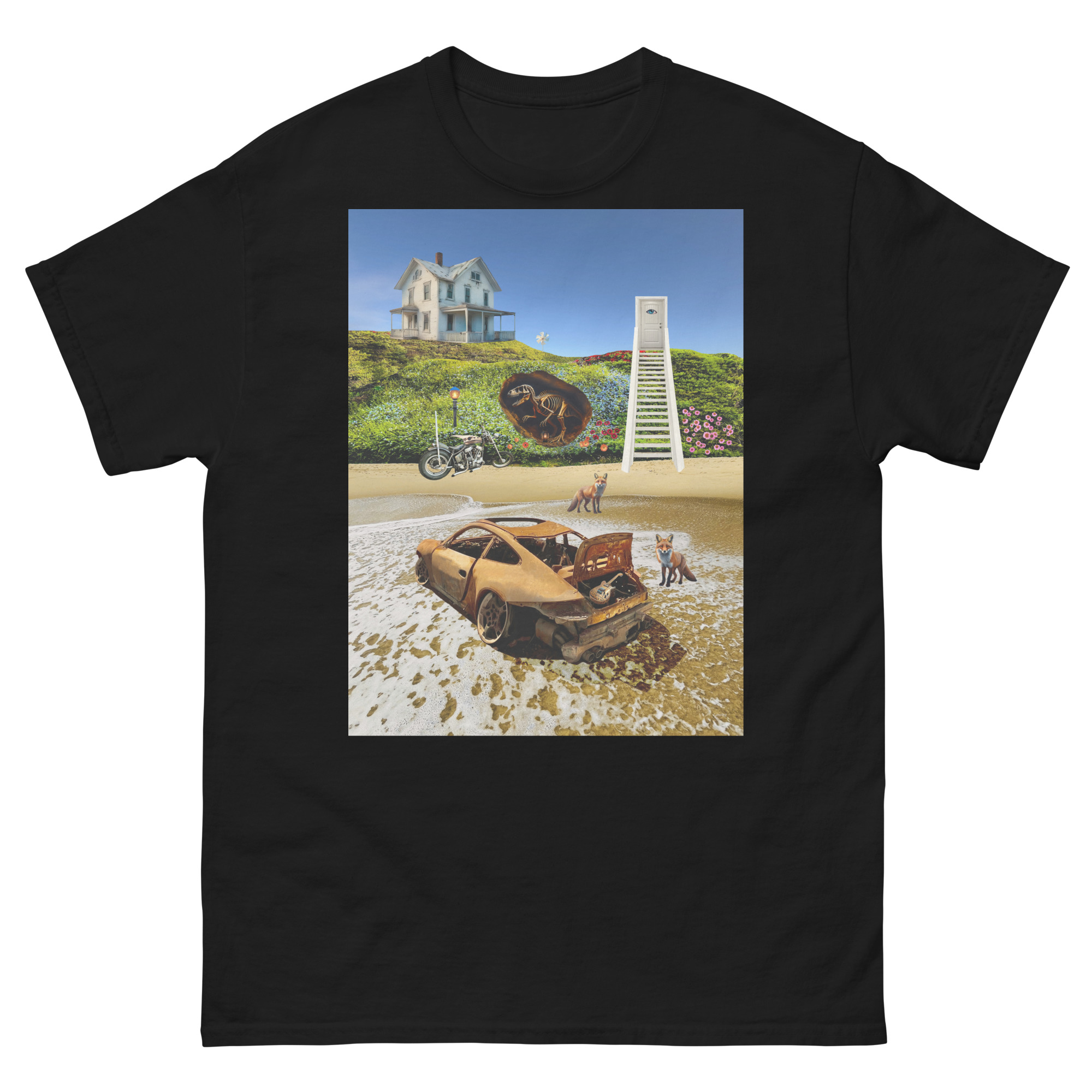 Rusty car on beach with house and dogs