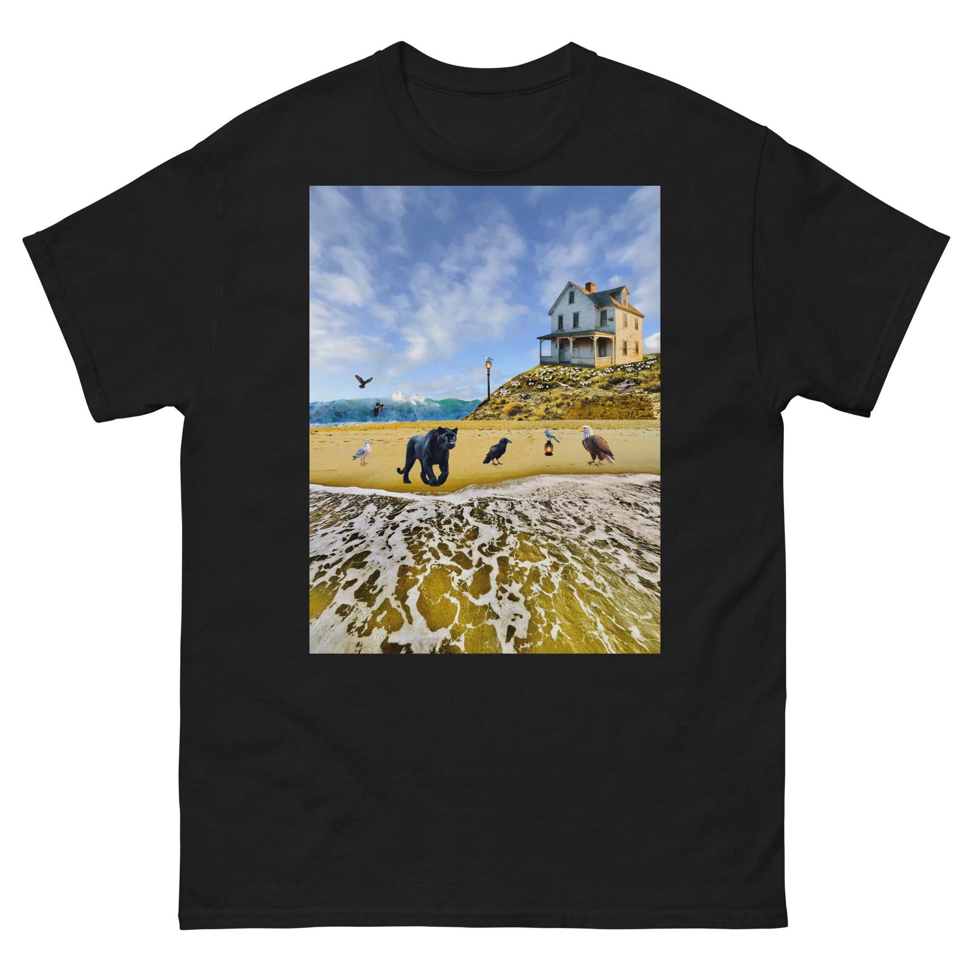 Surreal beach scene with elephant and house