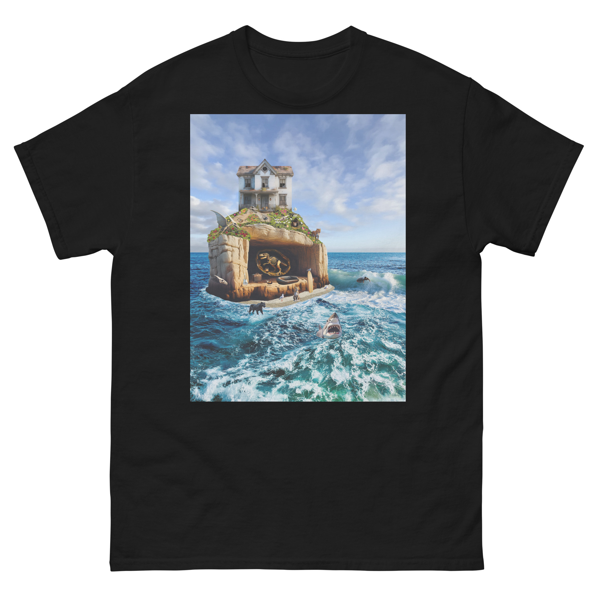 Surreal island house on skull-shaped rock
