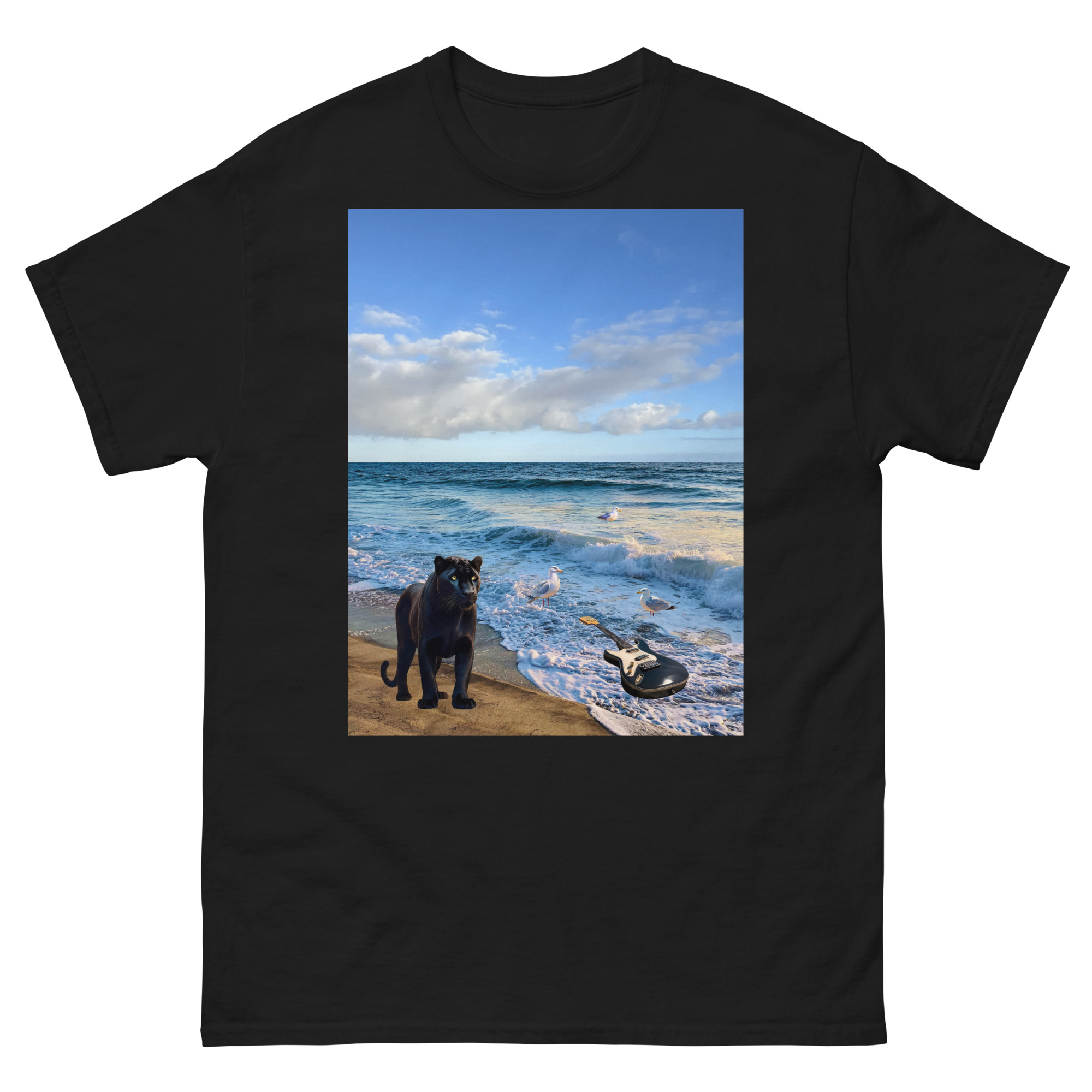 Black panther on beach with electric guitar
