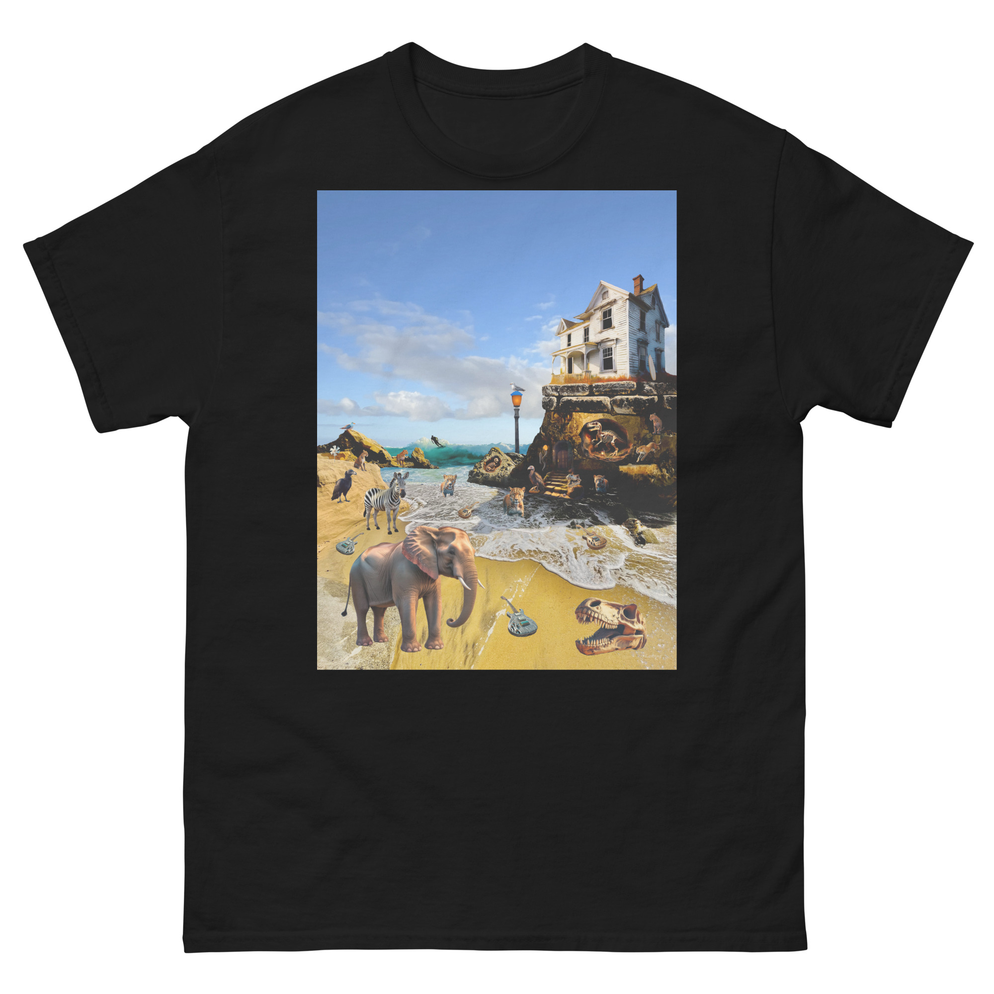 Black t-shirt with surreal beach artwork