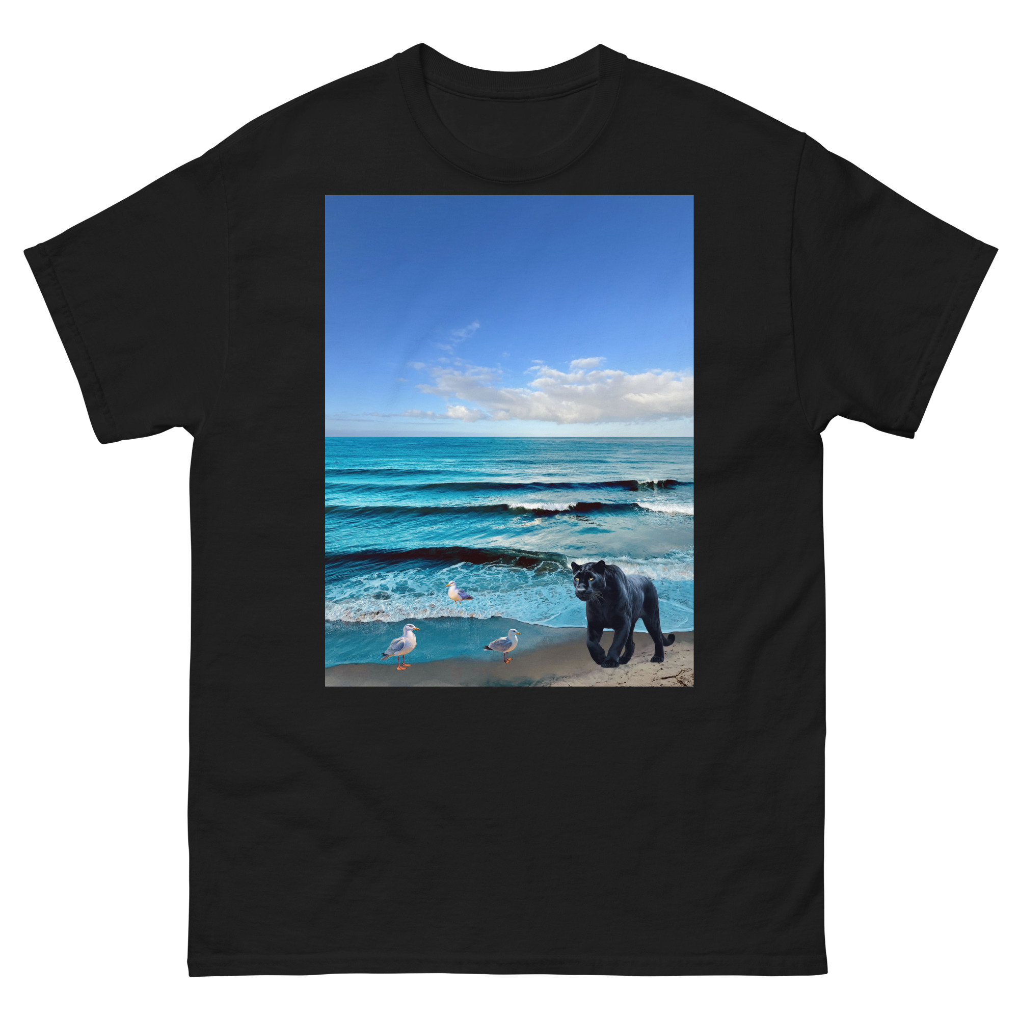 T-shirt showing beach scene with black panther