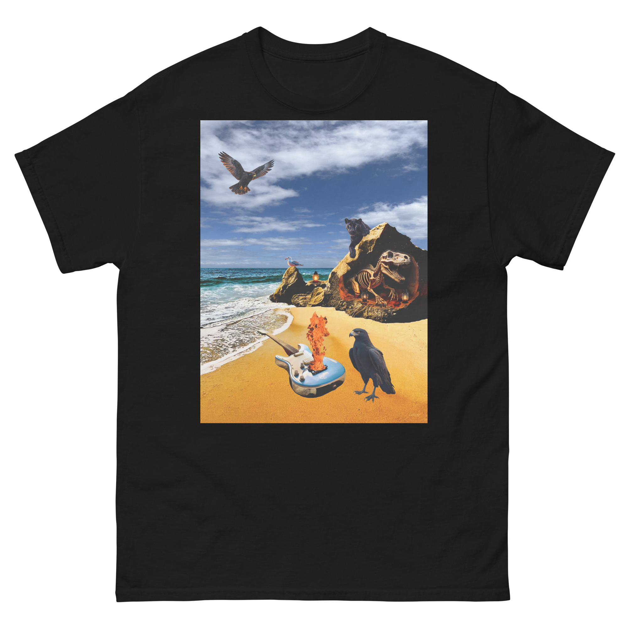 Surreal beach with crow, inflatable ring, skulls