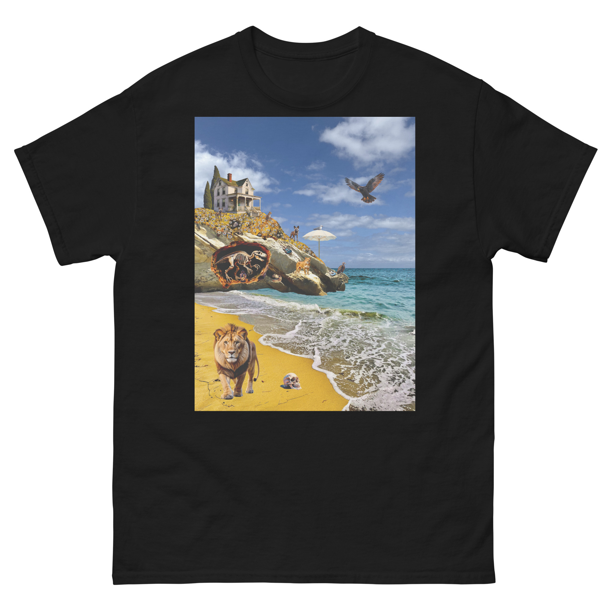Surreal beach scene with lion and house