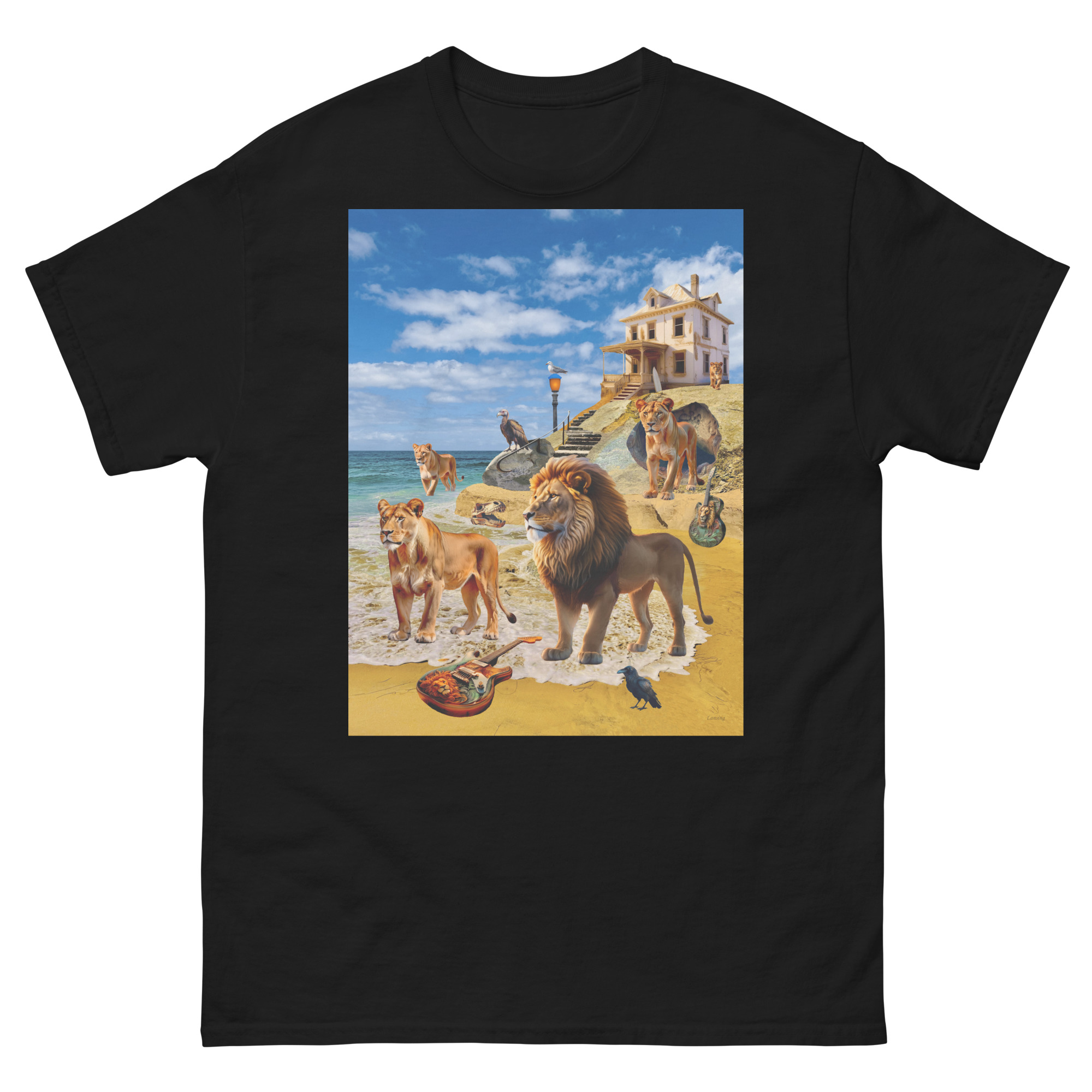 Lions on beach with guitars and house