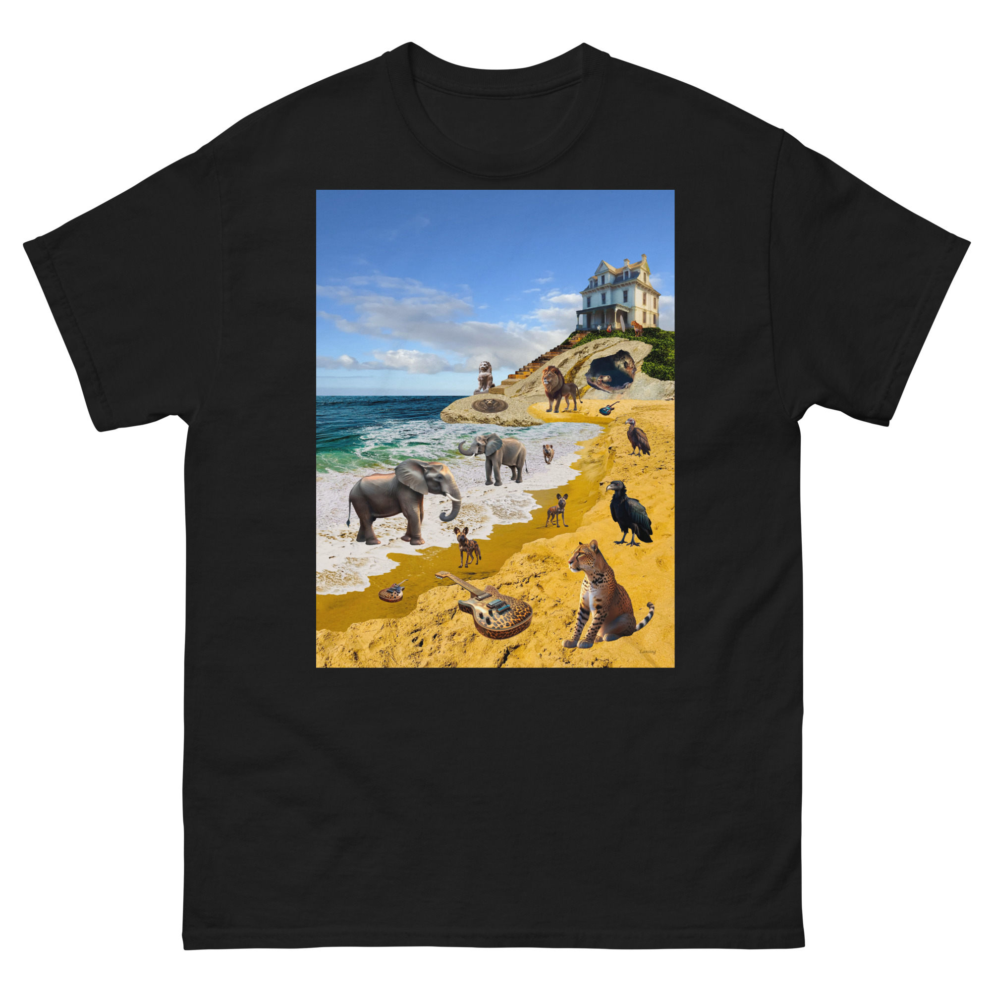 Black t-shirt with surreal beach animal design