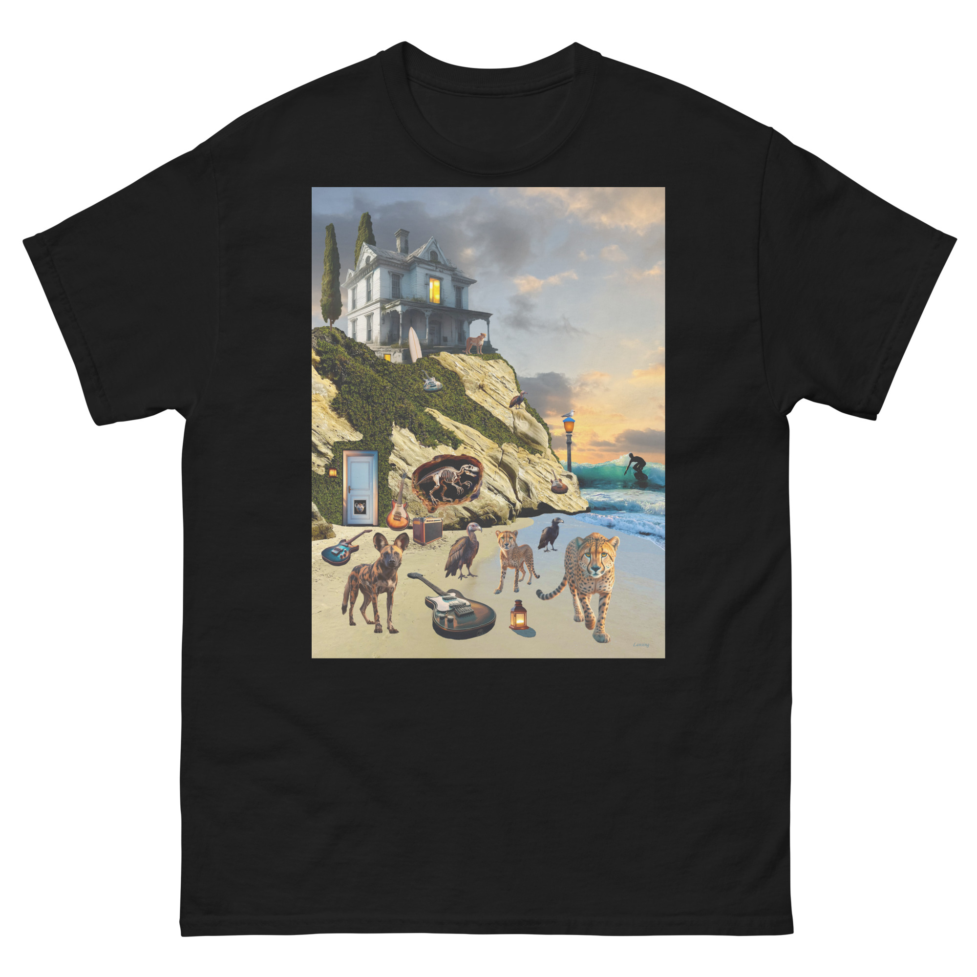 Black t-shirt featuring cliffside house and animals