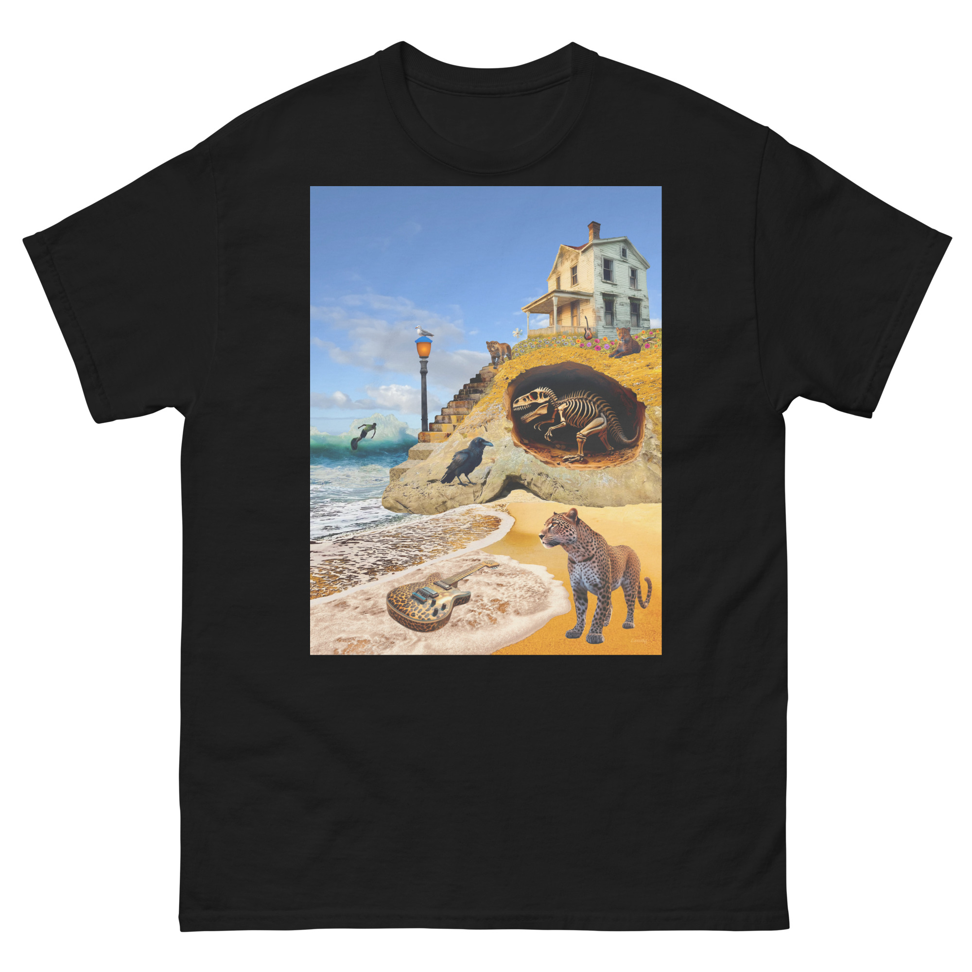 Black T-shirt with surreal beach scene