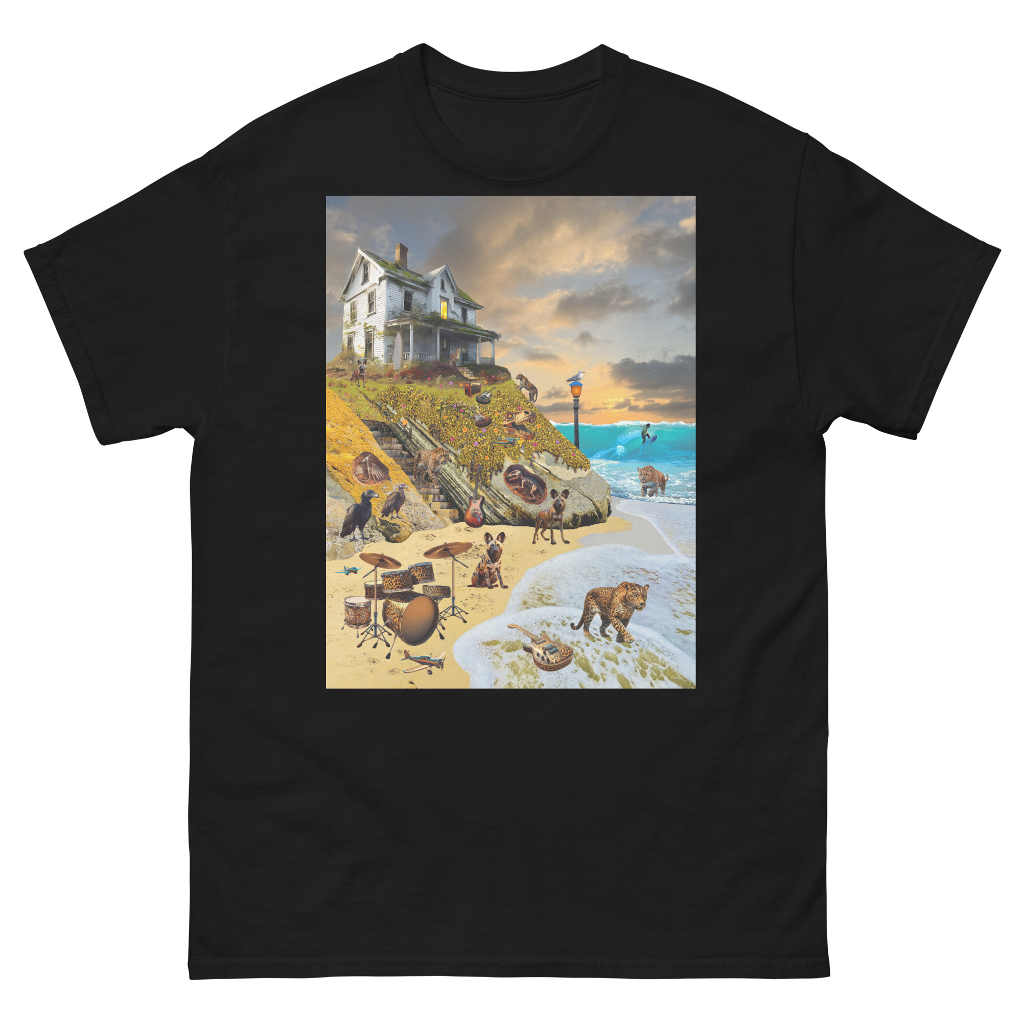 Black t-shirt with surreal beach house graphic