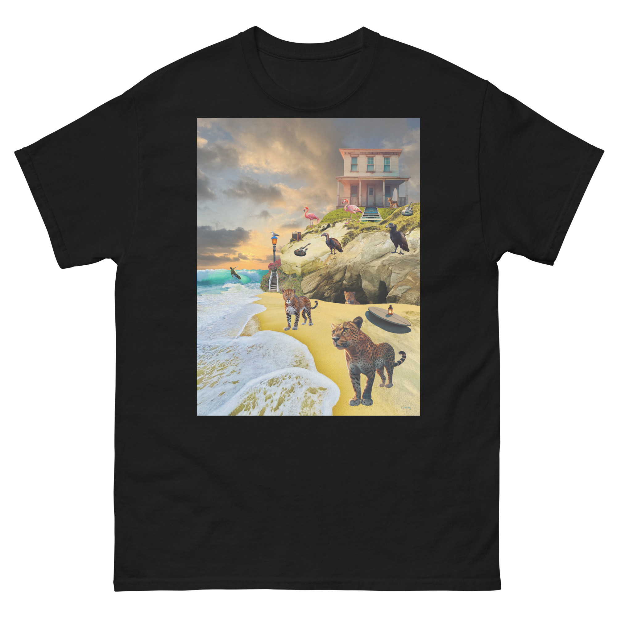 T-shirt print: surreal beach scene with animals
