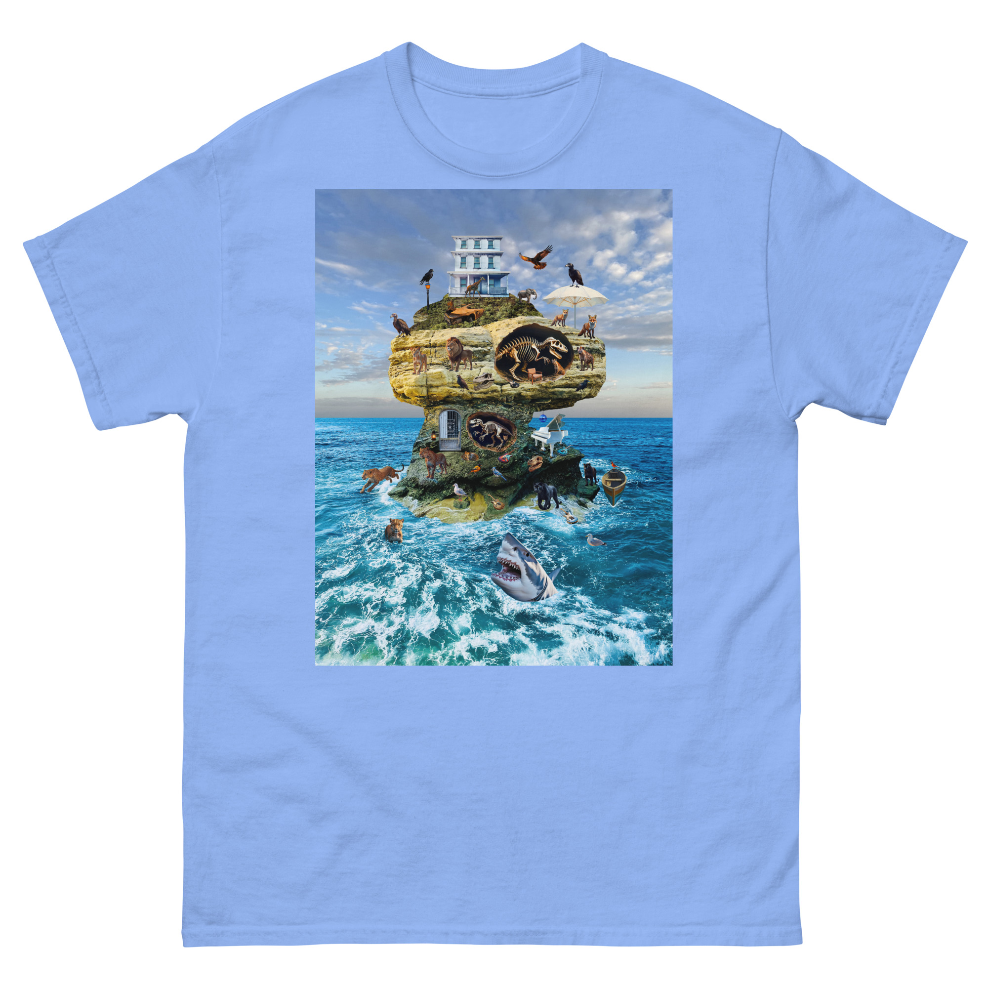Surreal floating island with house and sharks