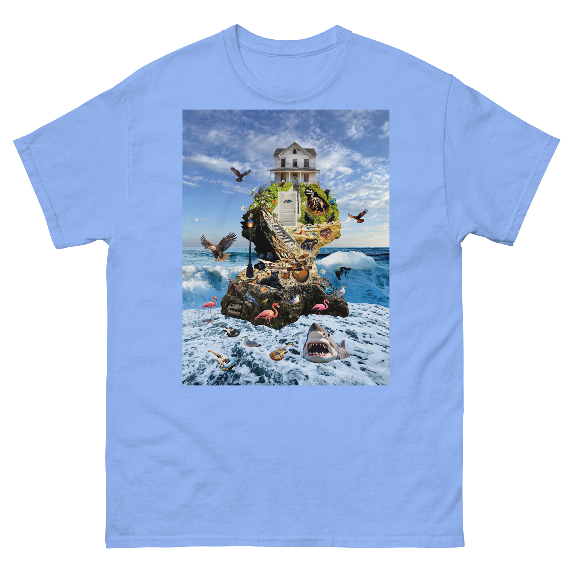 Surreal island collage featuring house and wildlife