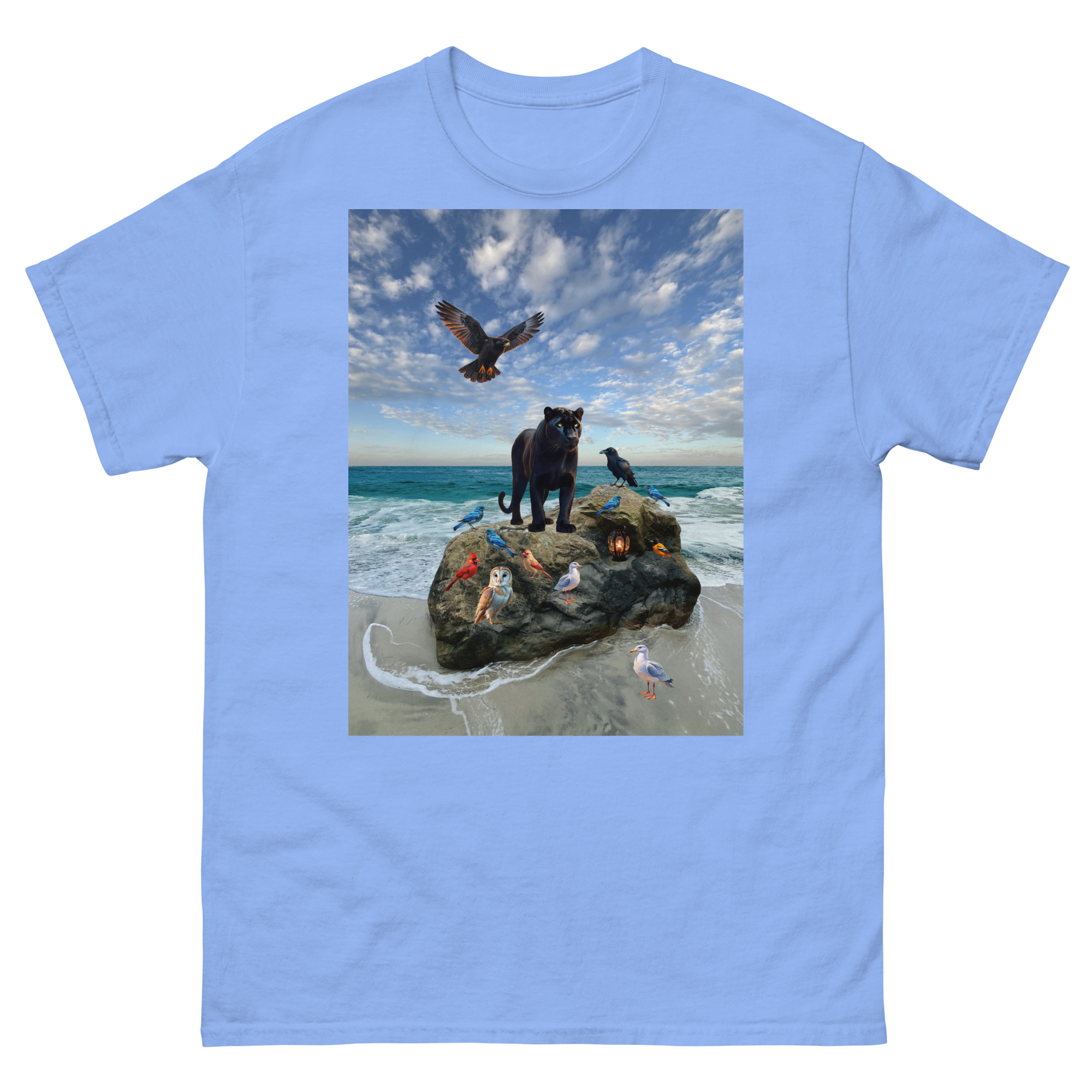 Light blue T-shirt with panther and seabirds