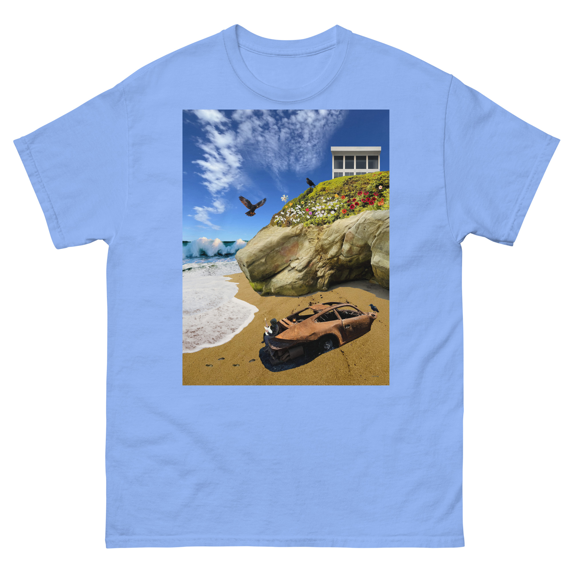Rusted car on sandy beach below house