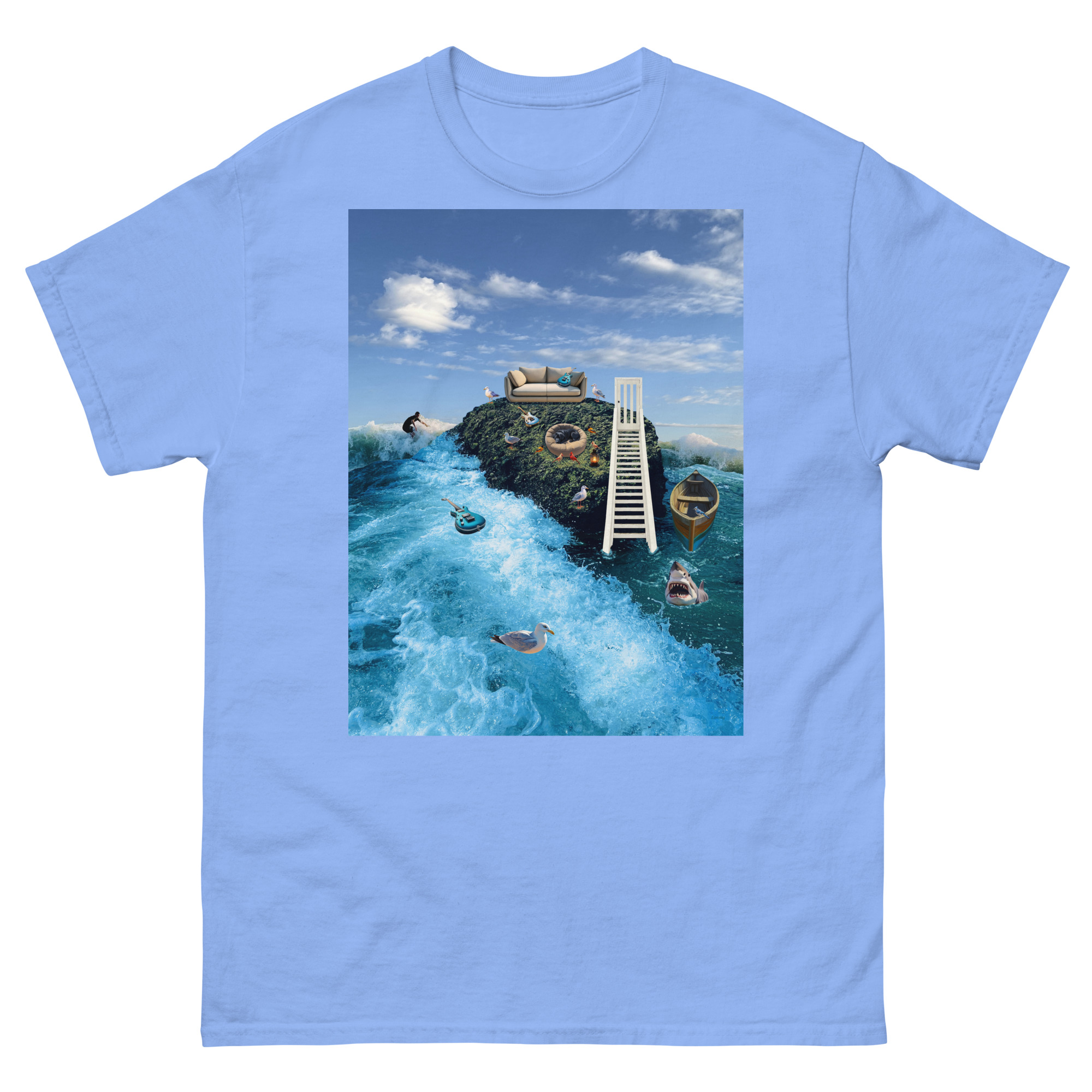 Blue t-shirt with surreal island, staircase, sofa