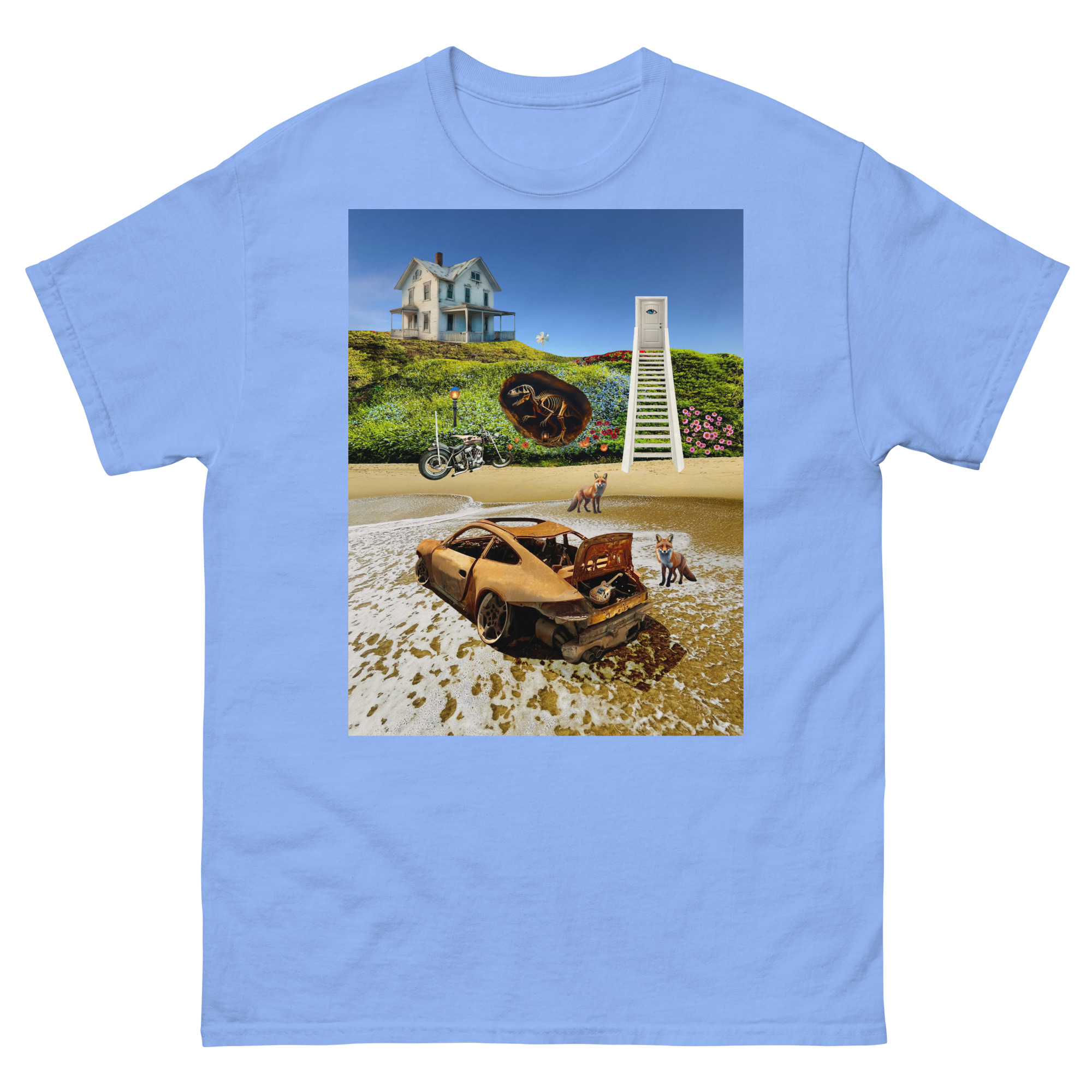 Rusted car stranded on beach below house