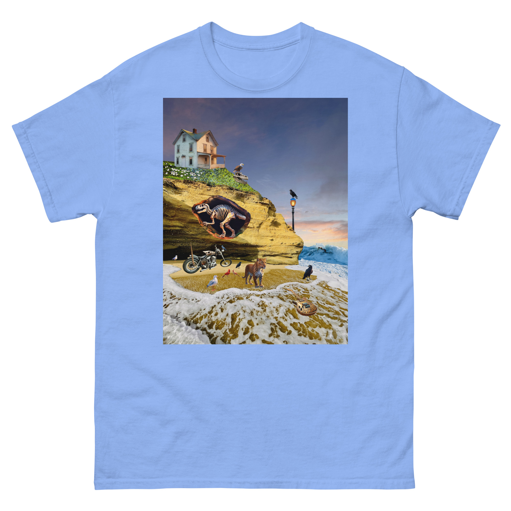 Surreal beach collage printed light blue t-shirt