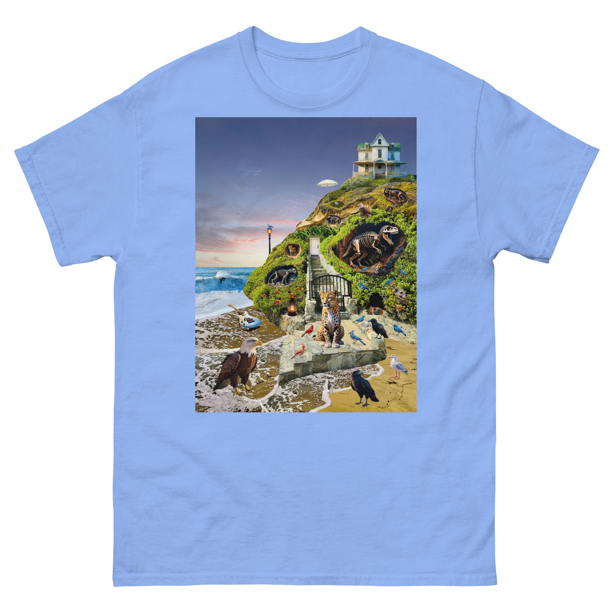 Surreal coastal scene with animals and house