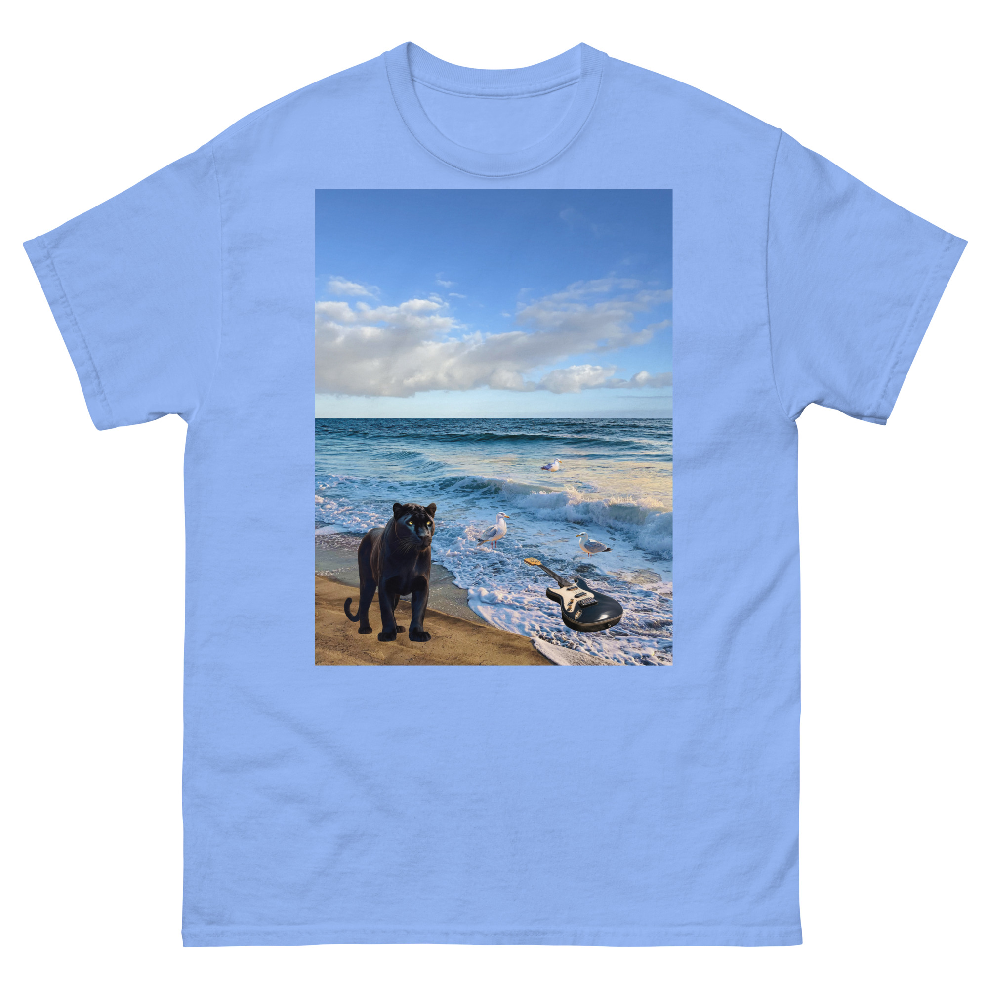 Black panther and guitar on beach t-shirt
