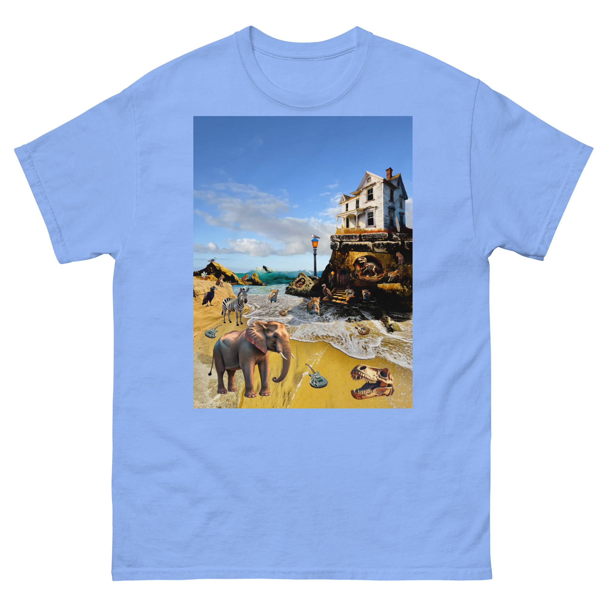 Surreal beach collage with house and elephants