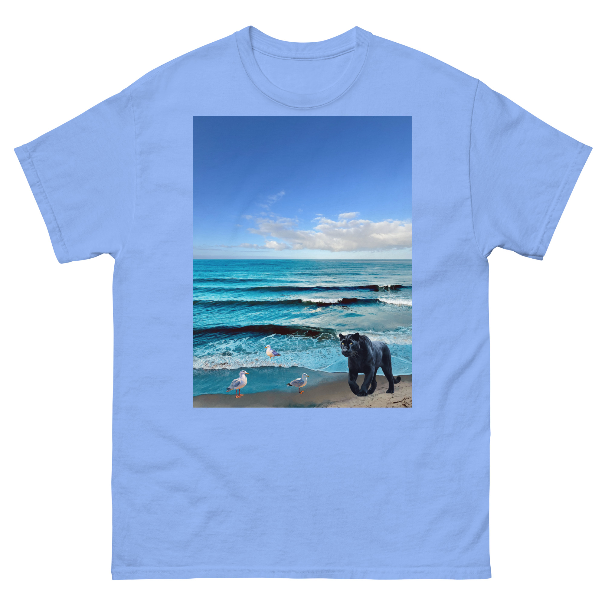 Blue tee with beach scene, panther, seagulls