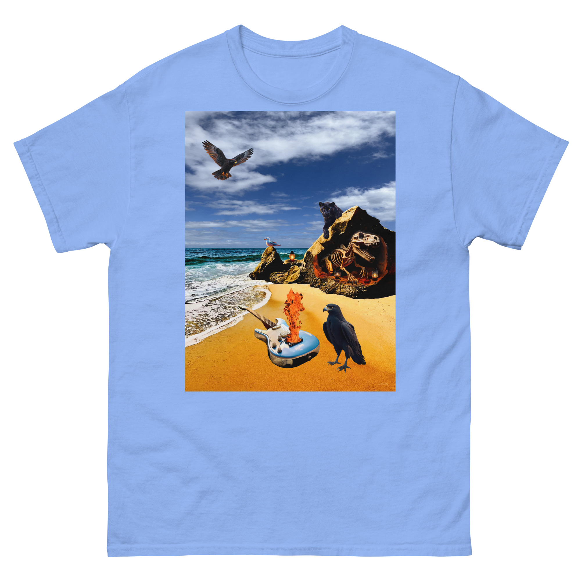Surreal beach scene with birds and skull rock