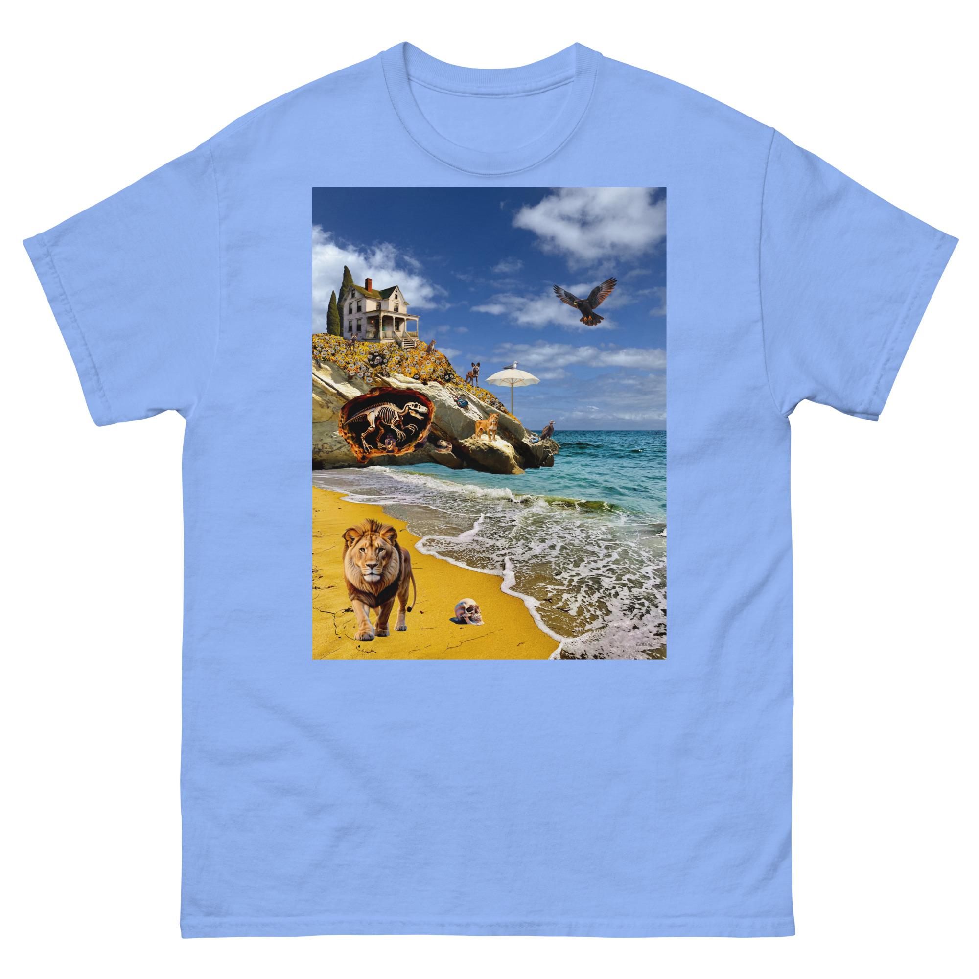 Surreal beach scene with lion on shoreline