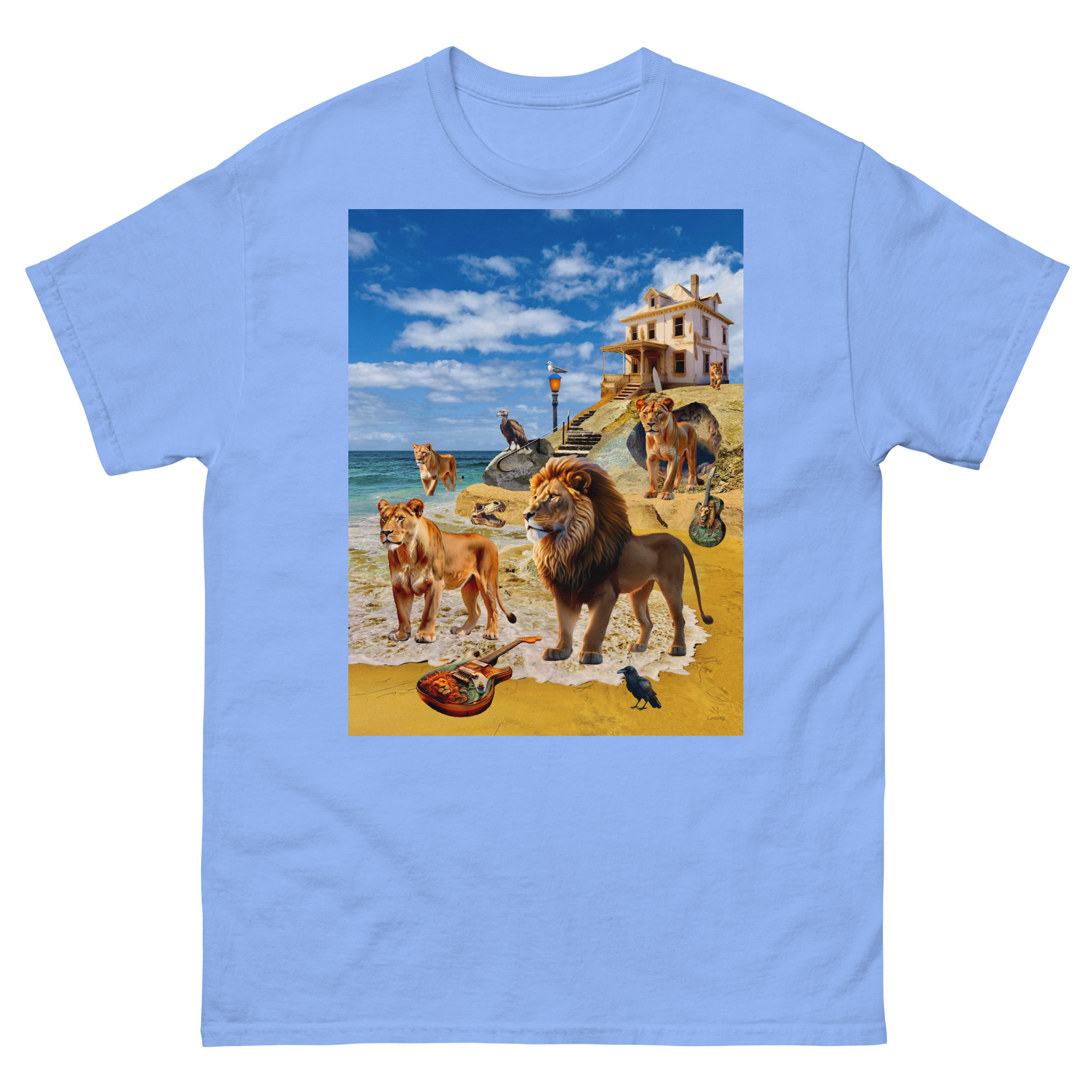 Blue t-shirt with lions on beach scene