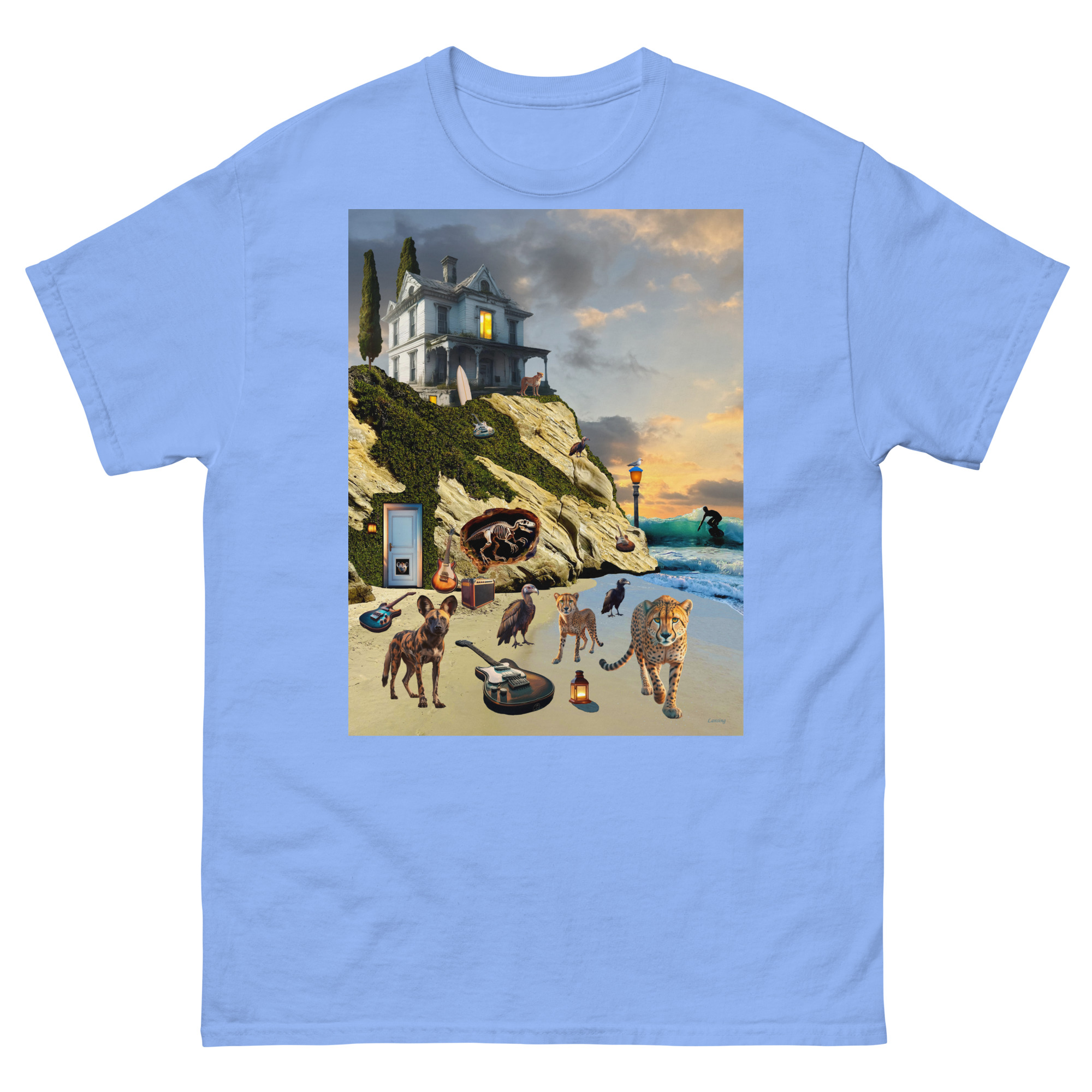 T-shirt with surreal coastal collage of animals