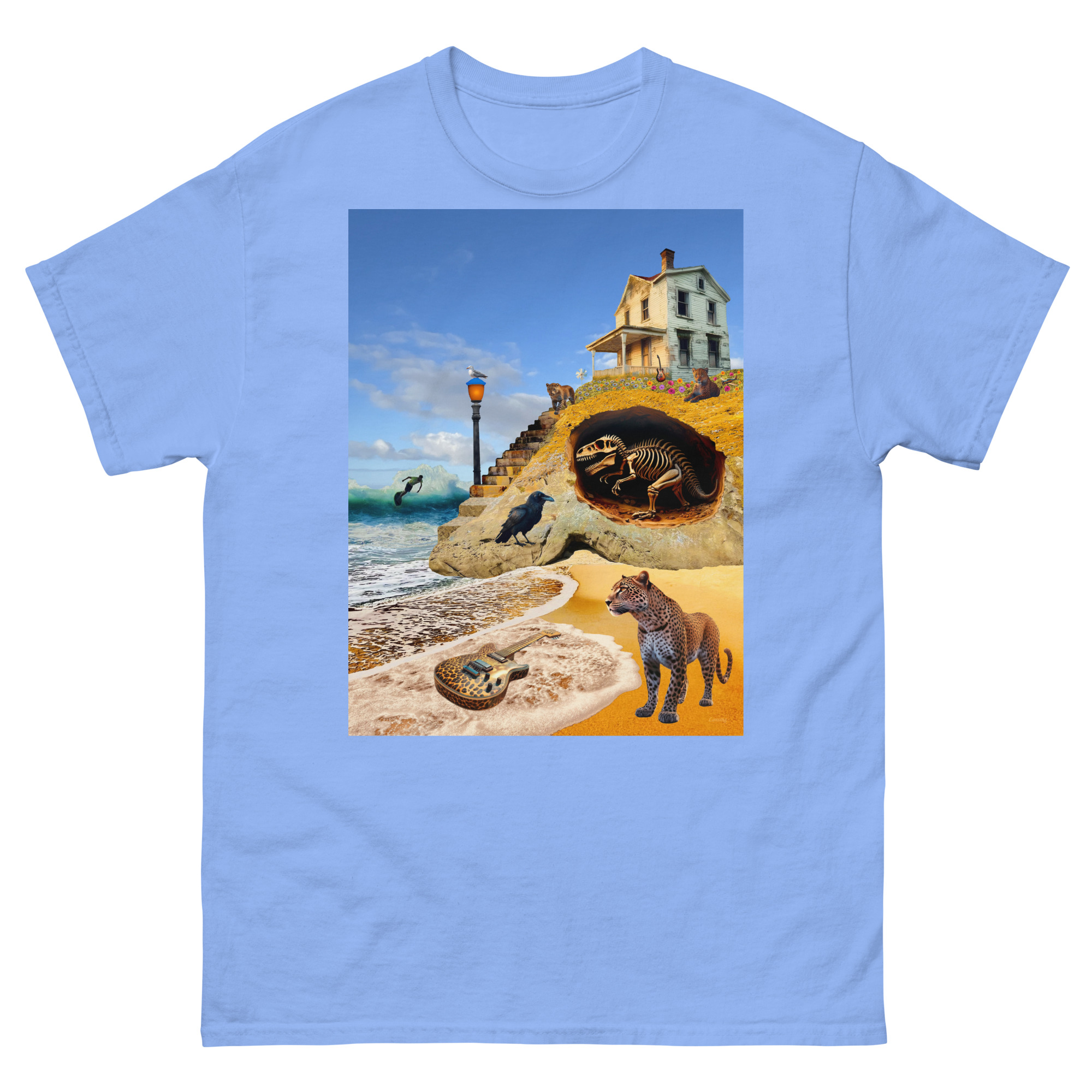 Surreal beach collage with house and animals