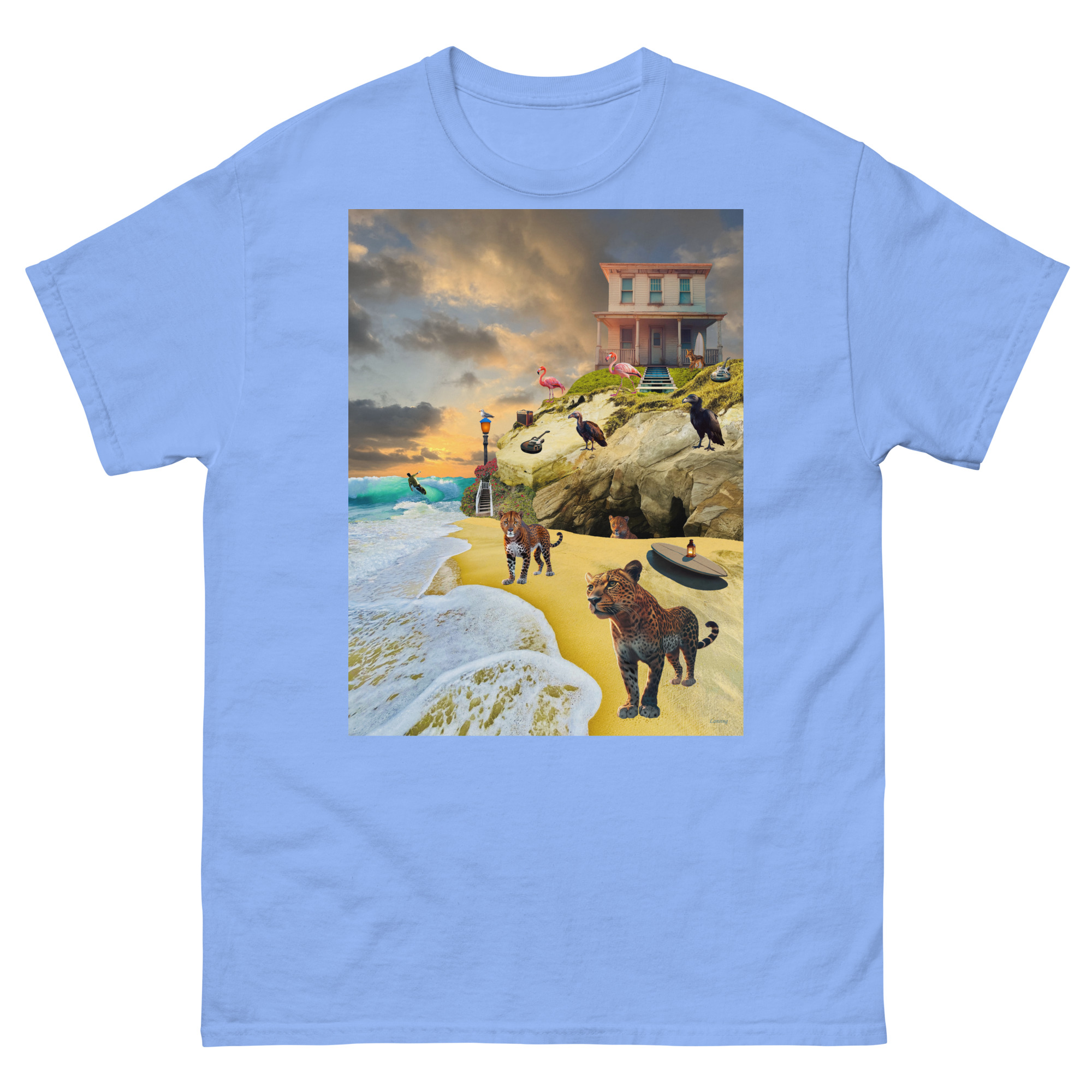Surreal beach scene with big cats and house