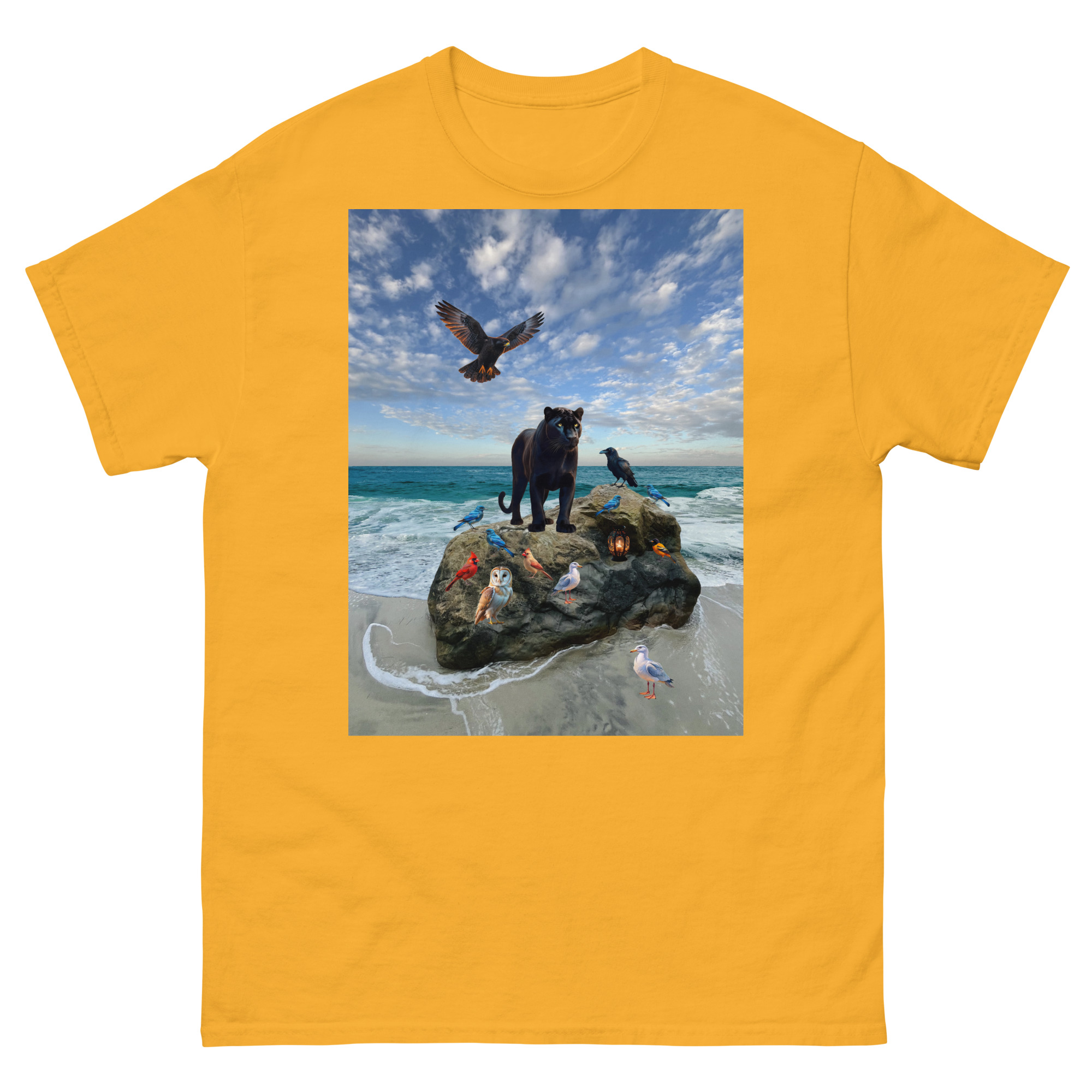 Yellow T-shirt featuring panther beach scene