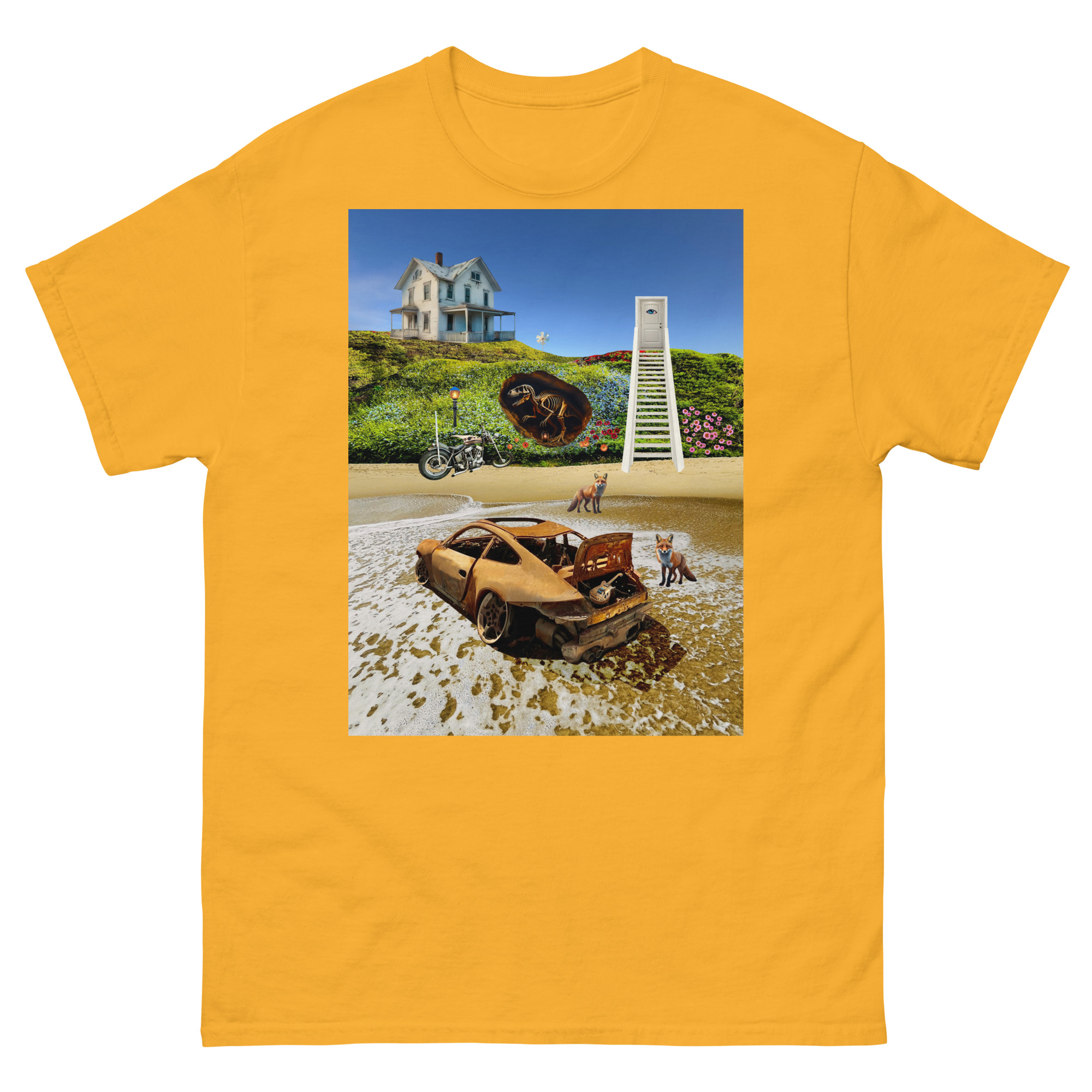 Yellow t-shirt with surreal beach car scene