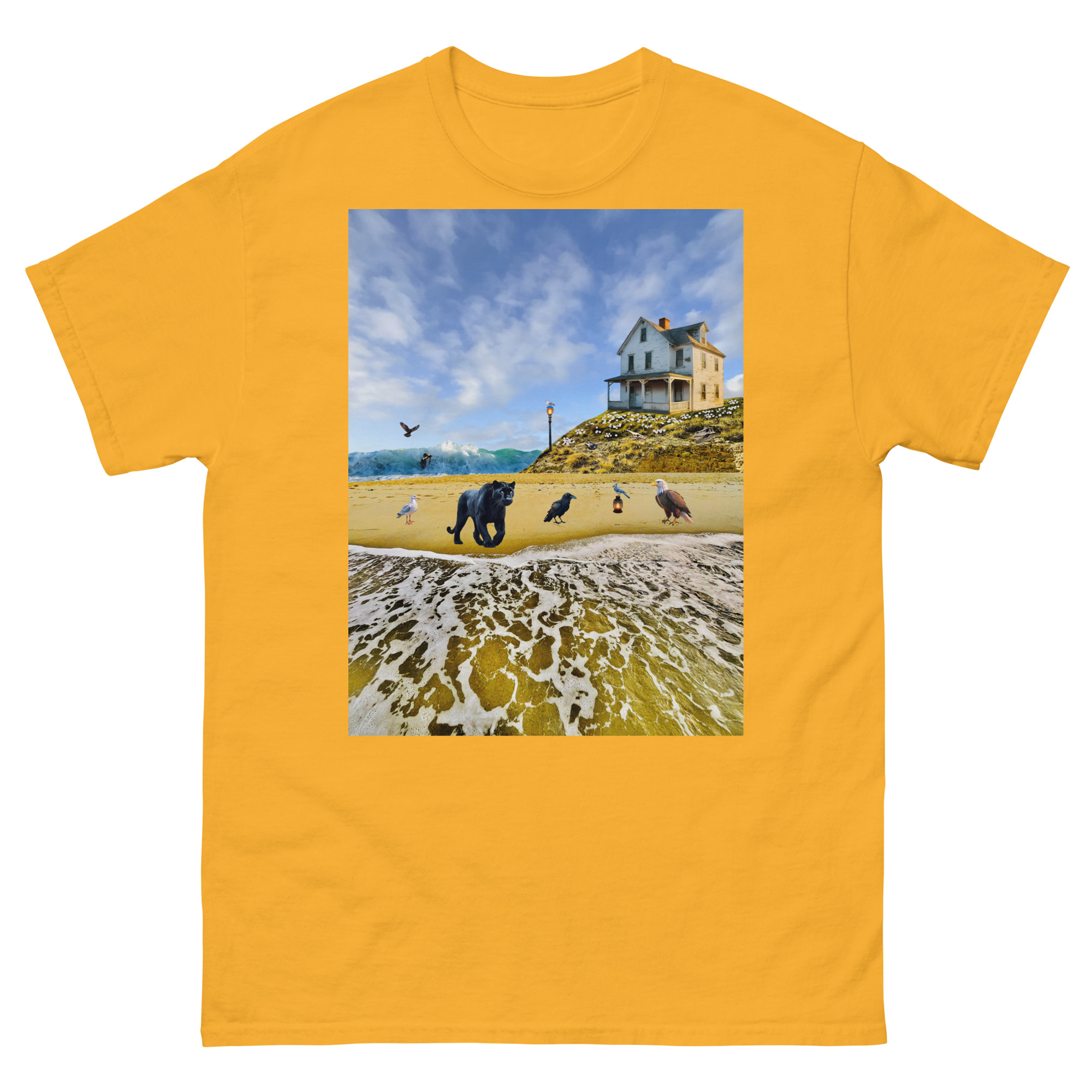 Coastal house print with animals on beach
