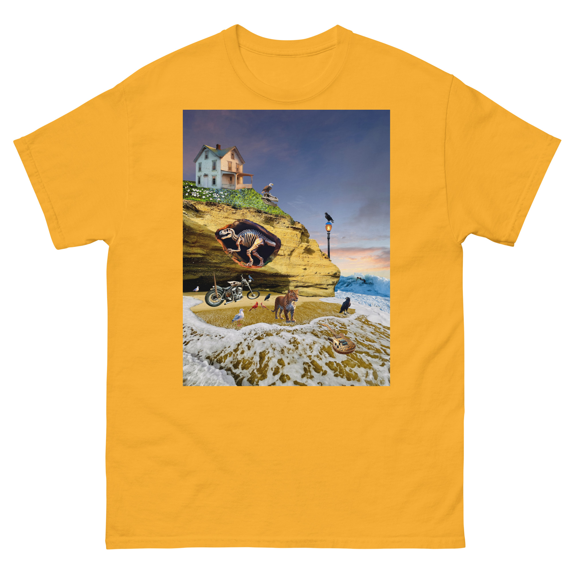 Surreal seaside collage on yellow t-shirt